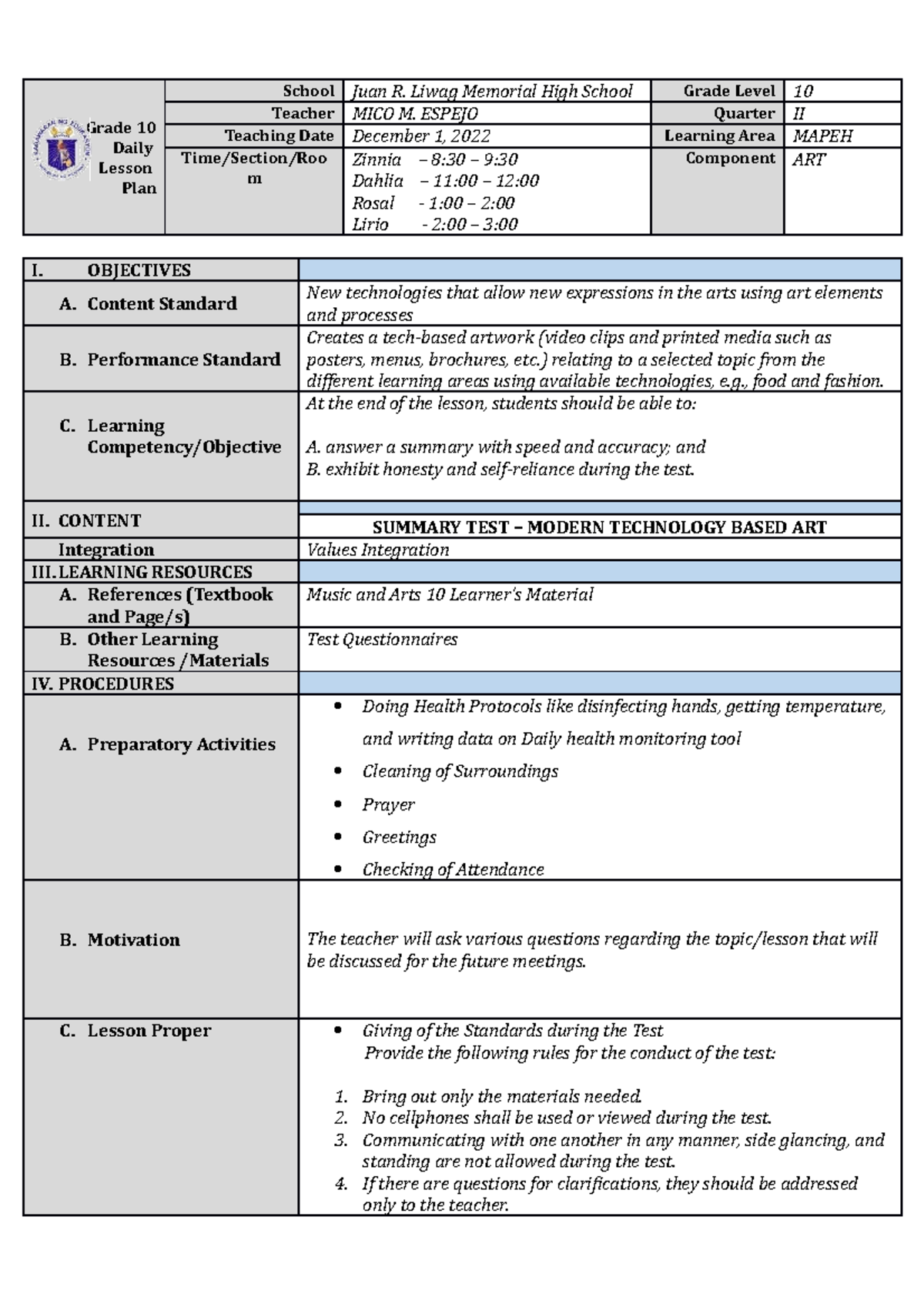 Summary Test Music 10 - Lesson plan - Grade 10 Daily Lesson Plan School ...