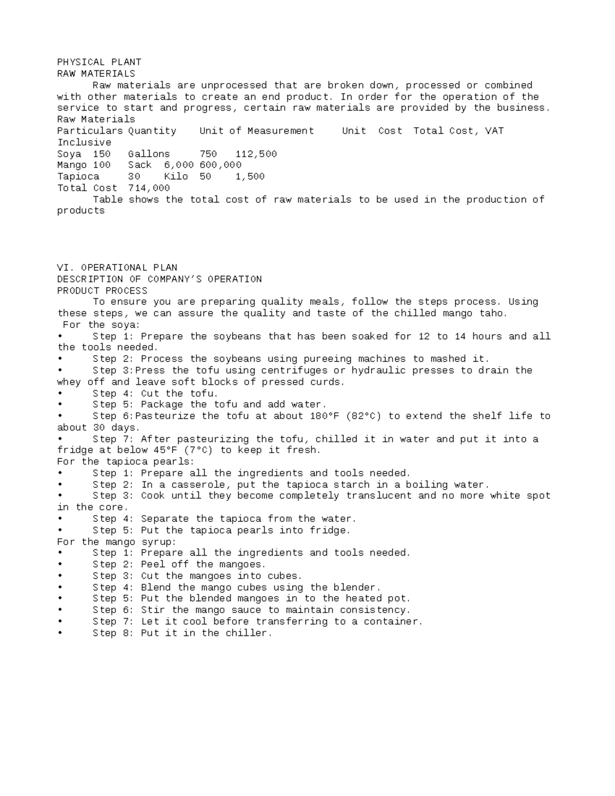 Business Plan Part 1 - Lecture notes 2 - PHYSICAL PLANT RAW MATERIALS ...