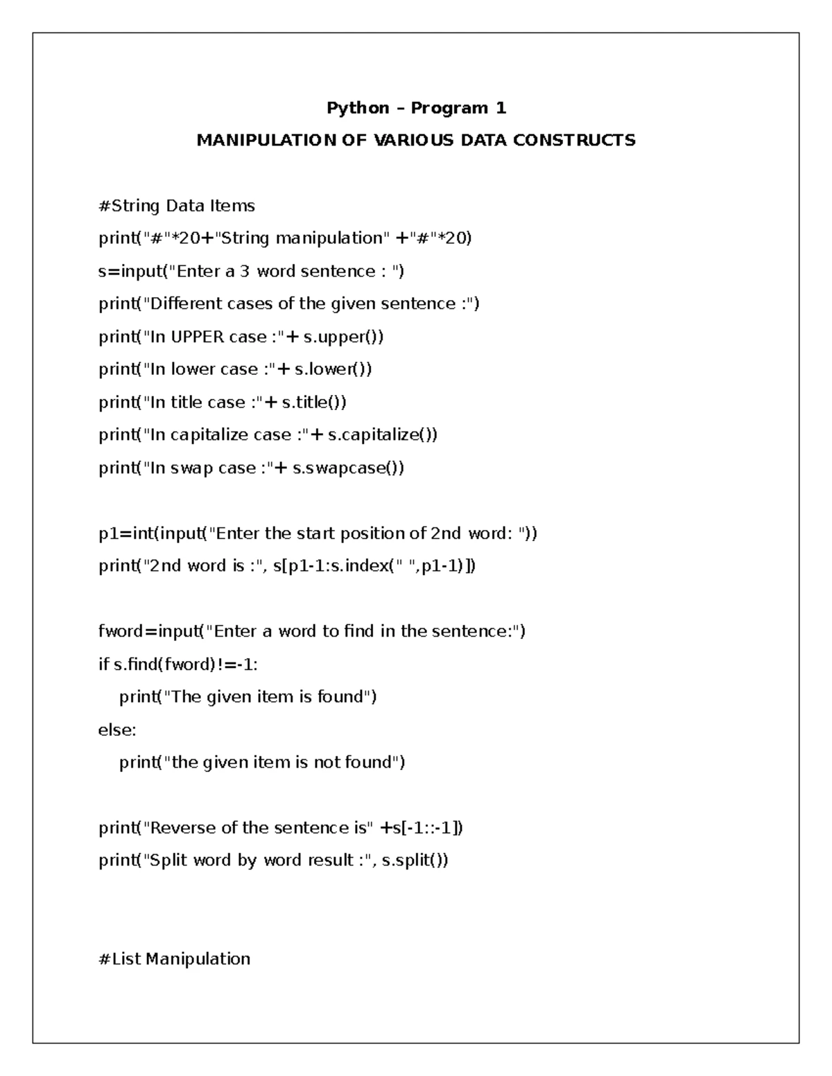 Python programs NEW - AIM: To write a python program to exchange the ...