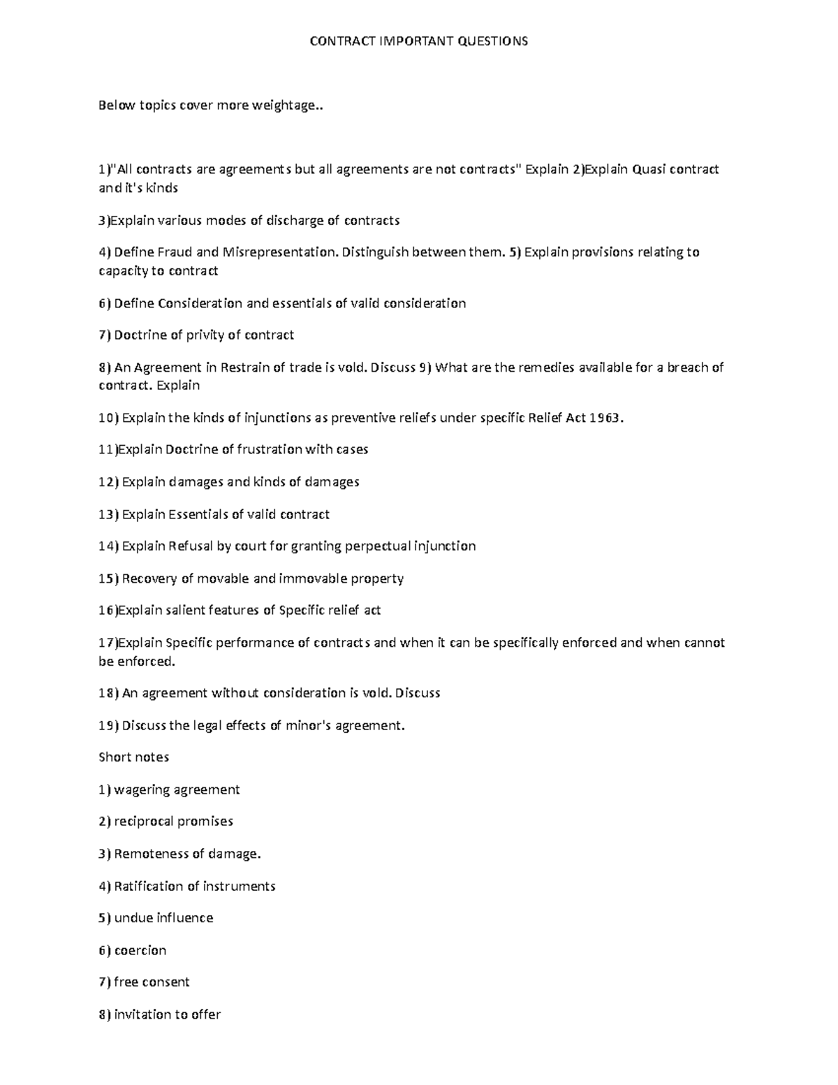Contract Importent Questions - CONTRACT IMPORTANT QUESTIONS Below ...