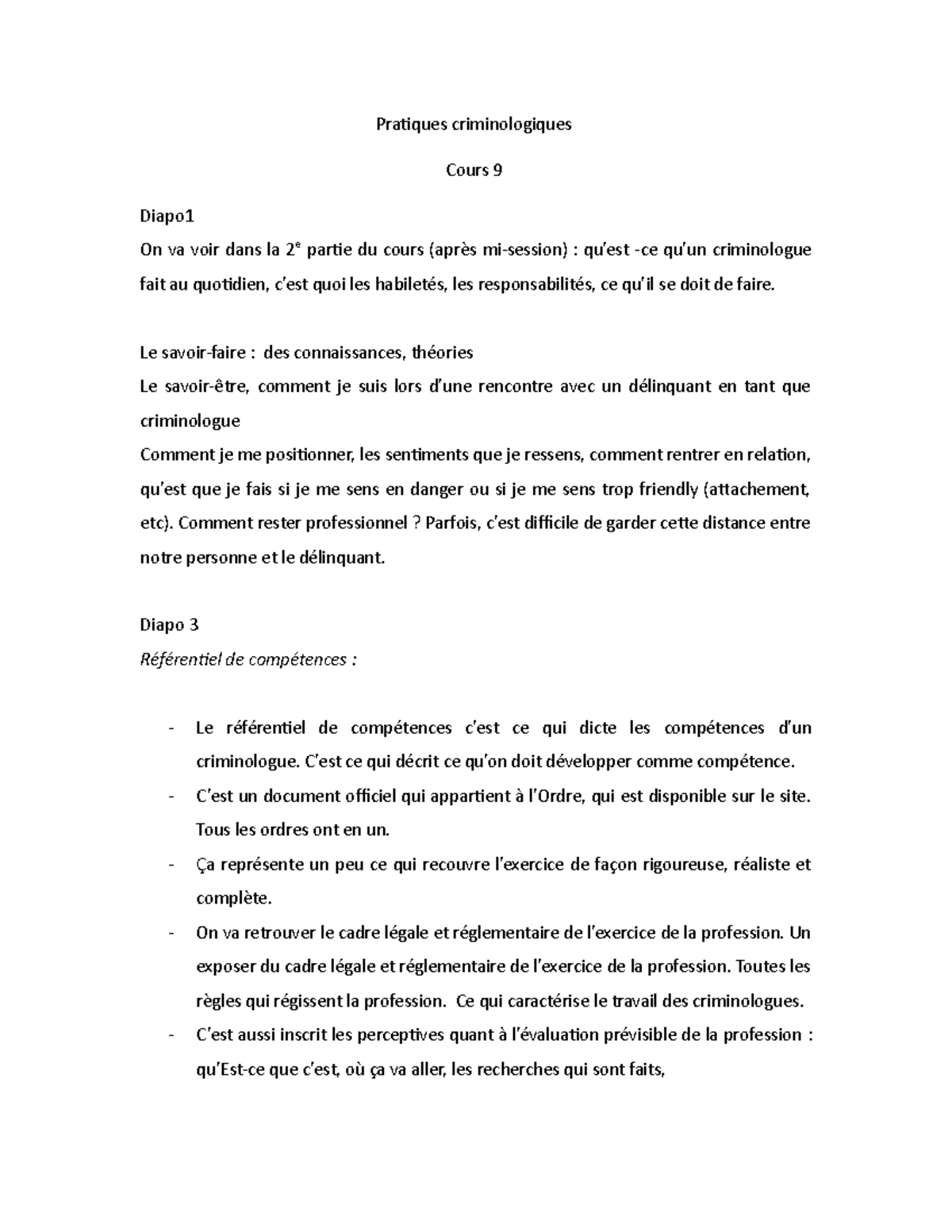 Notes Cours 9 Référentiel de compétences , description du métier de — free download