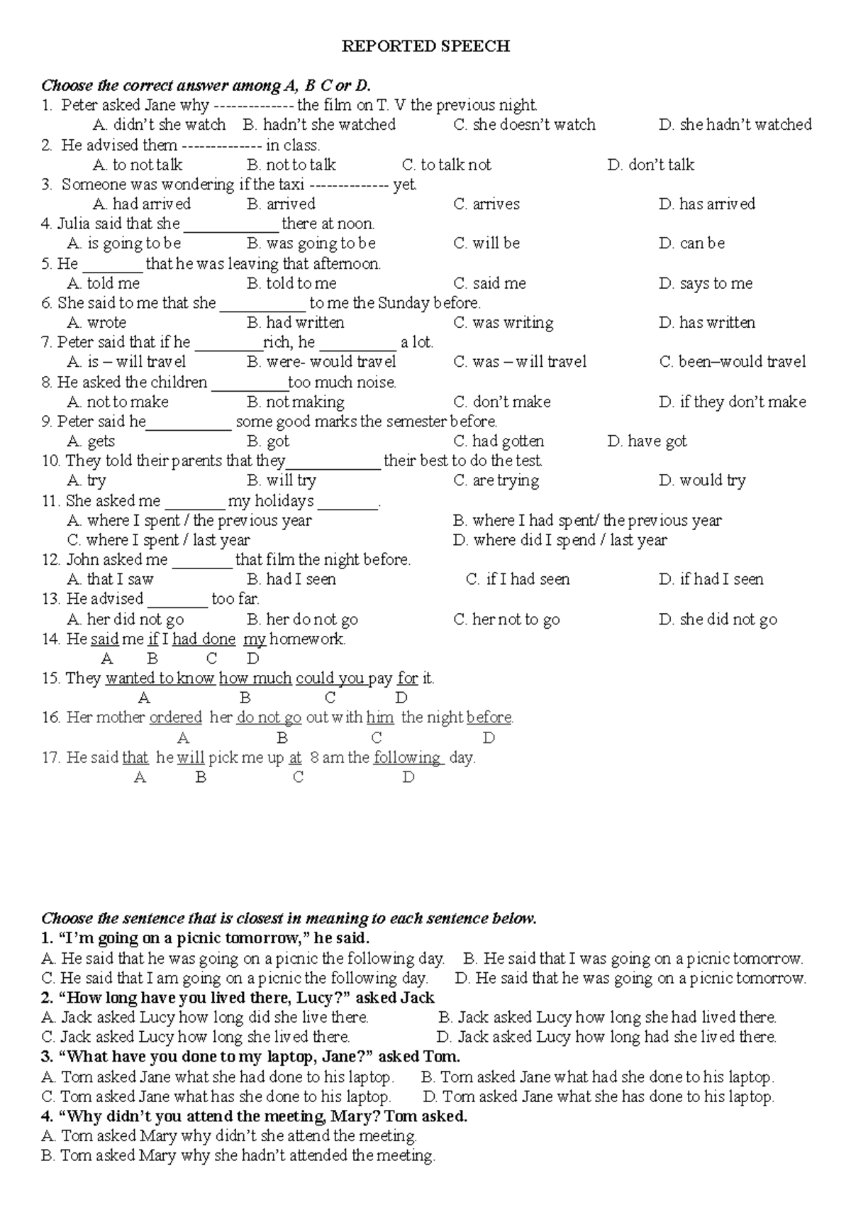 Exercises on Reported Speech - REPORTED SPEECH Choose the correct ...