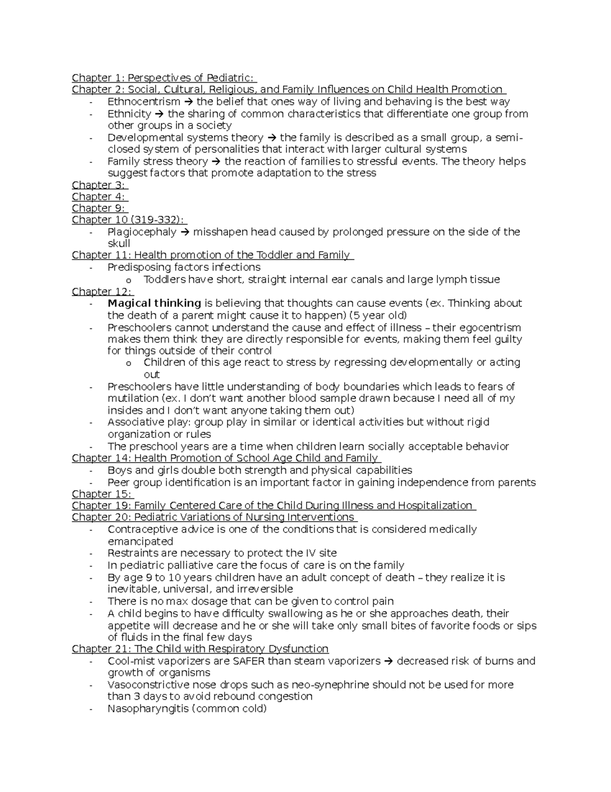 Exam 1 Notes - Chapter 1: Perspectives of Pediatric: Chapter 2: Social ...