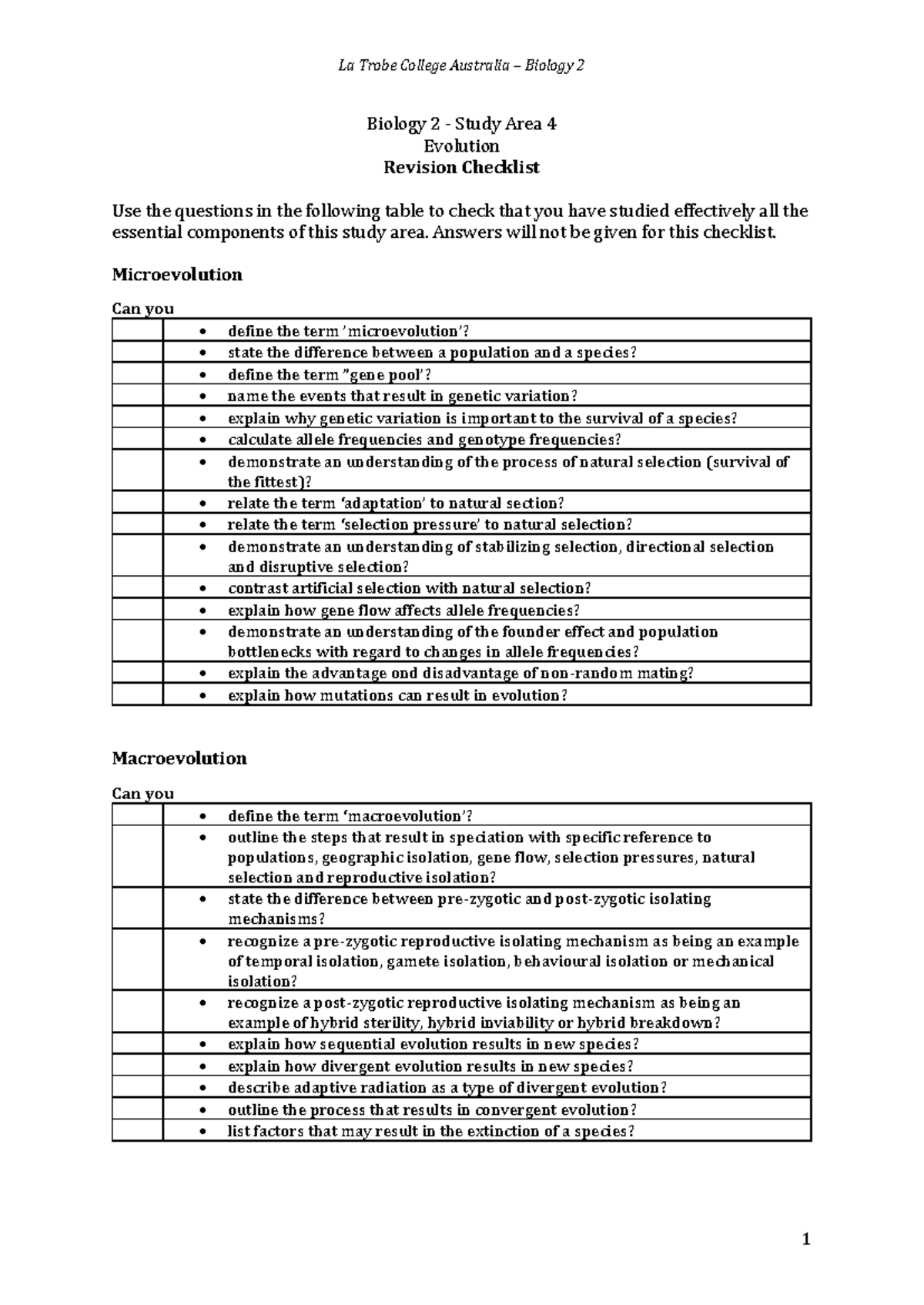 Study Checklist Test 4 - Philip Lawson - La Trobe College Australia