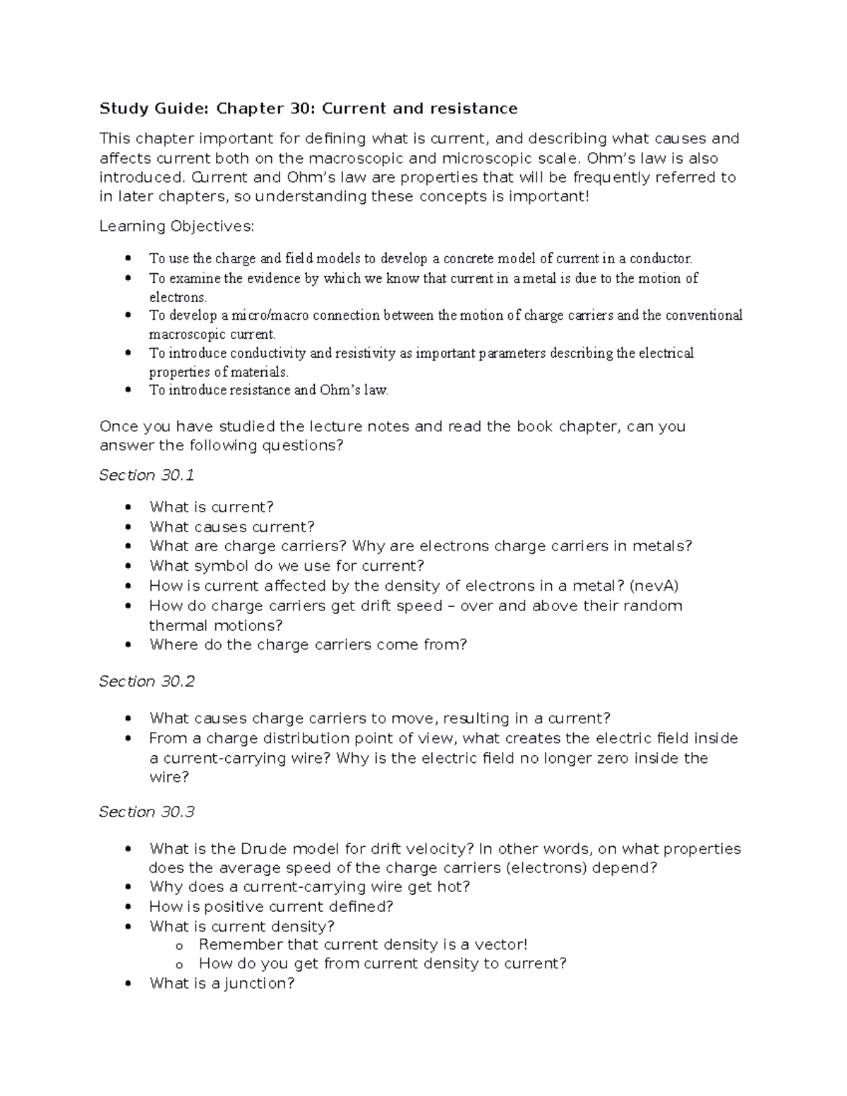 Ch30Study Guide ph 213 2016 - Study Guide: Chapter 30: Current and ...