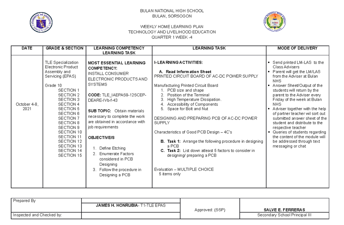 WHLP G1-WEEK 4 - Whlp - BULAN NATIONAL HIGH SCHOOL BULAN, SORSOGON ...