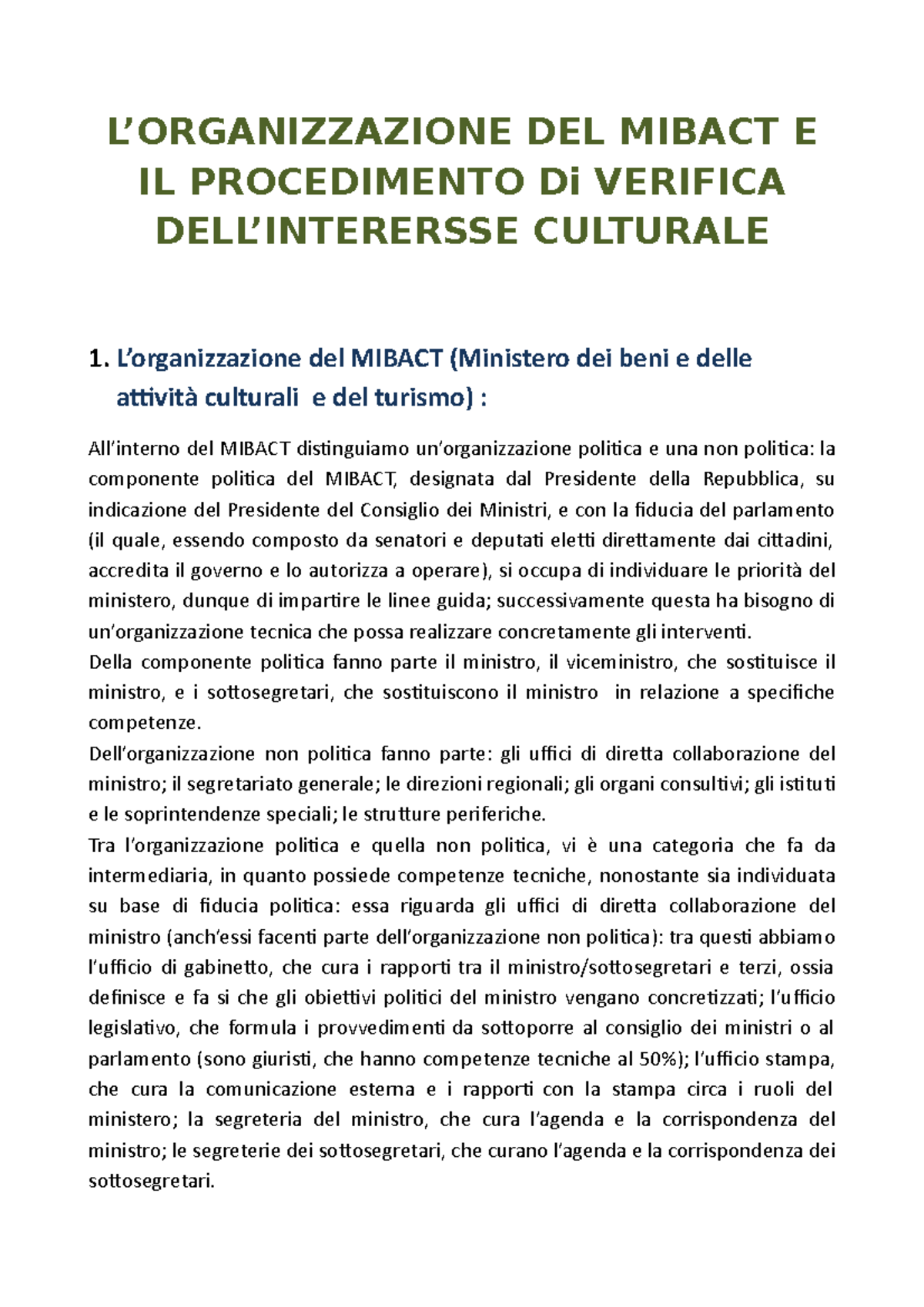 Tesina Legislazione dei beni culturali - L'organizzazione del Mibact e ...