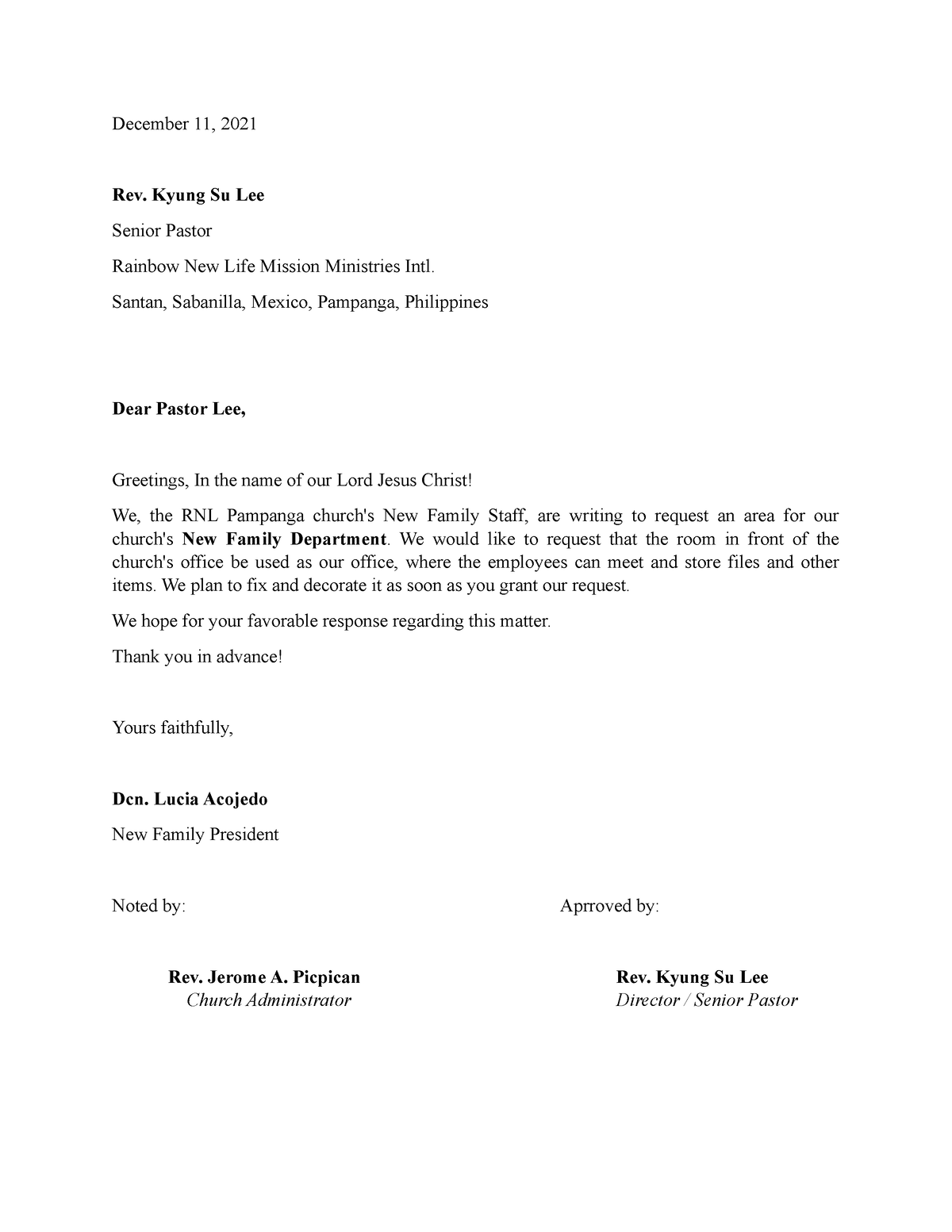 Request-Letter template - December 11, 2021 Rev. Kyung Su Lee Senior ...