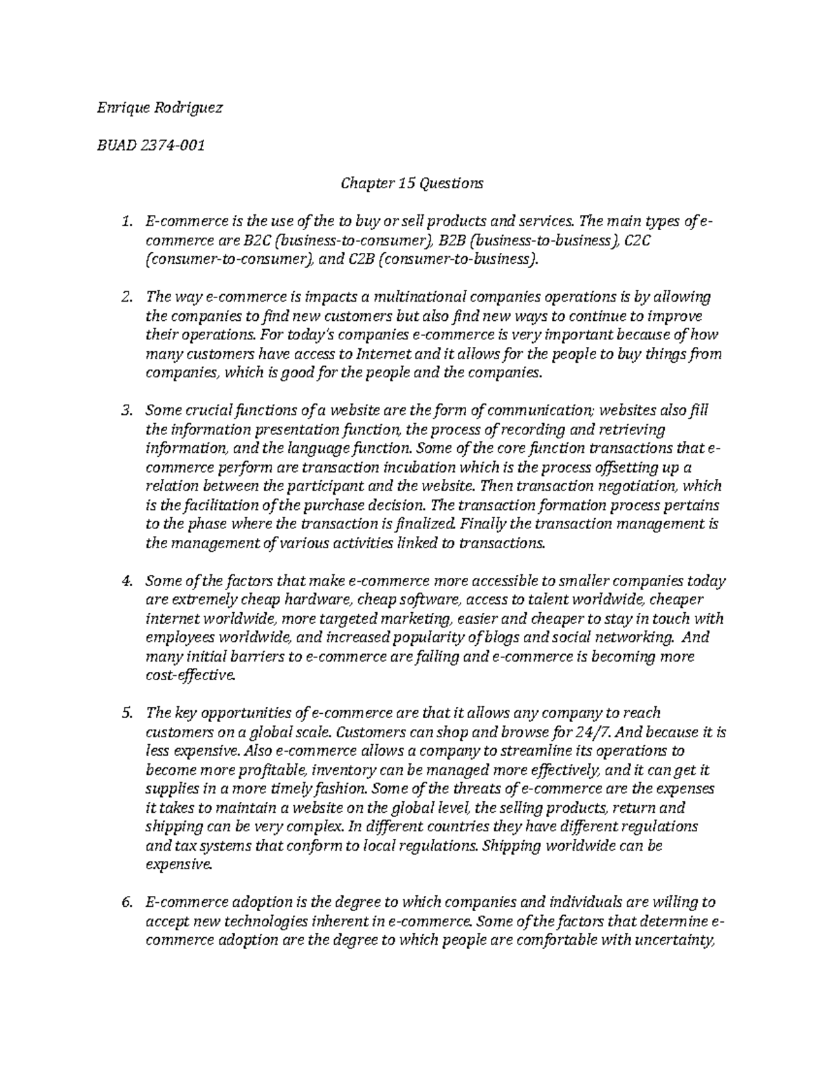 Chapter 15 Questions - Assignment that was outlined in the syllabus ...