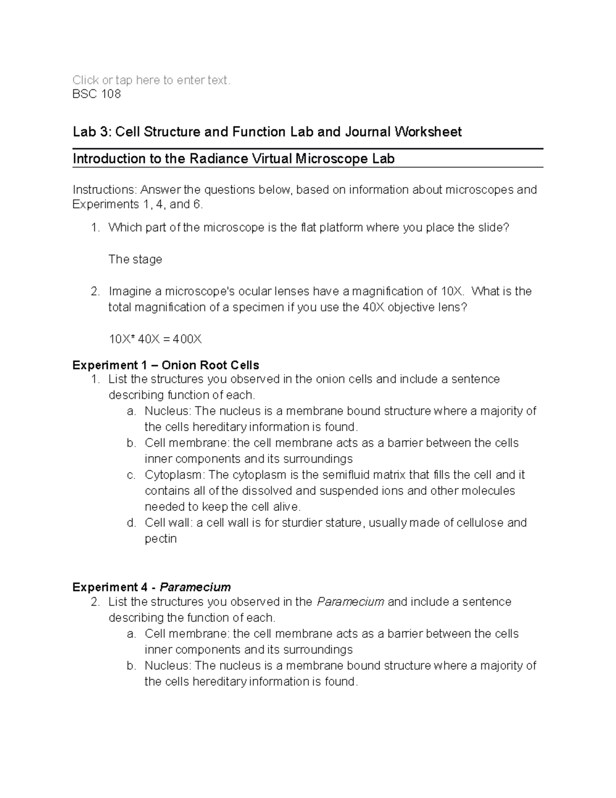 BSC 108 Lab3 - Cell Structure and Function Lab and Journal Worksheet ...