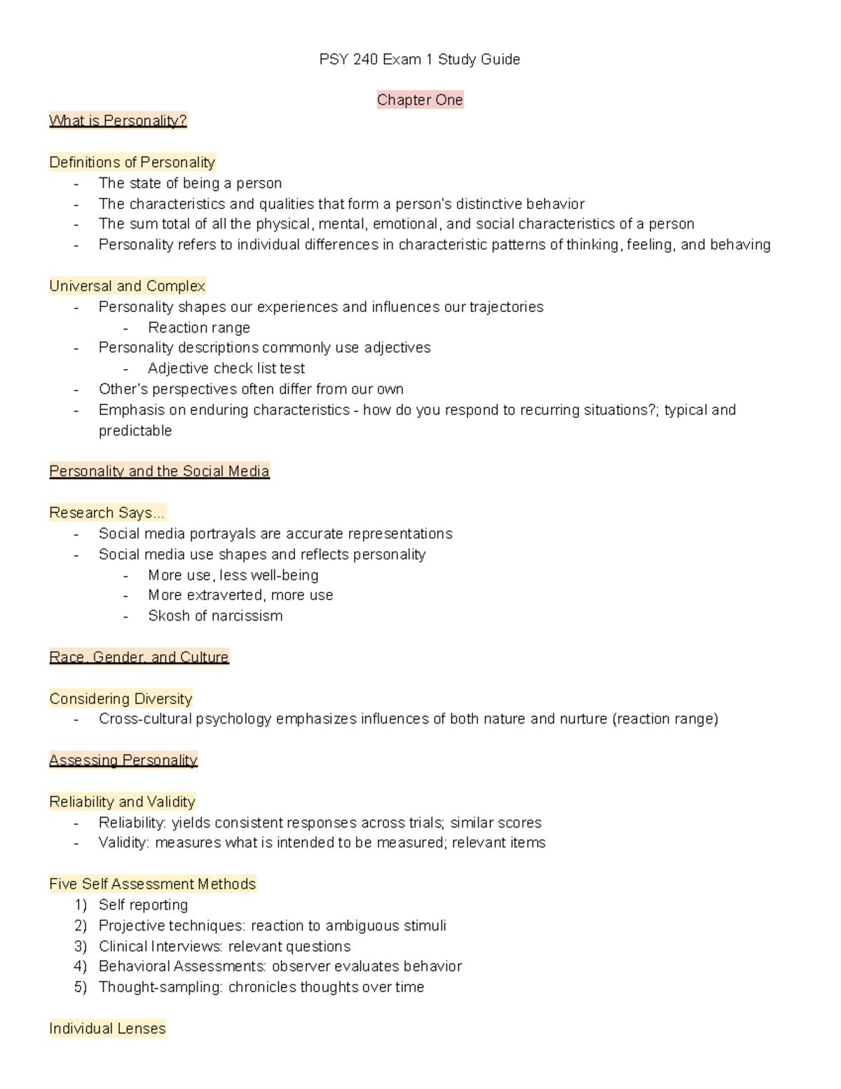 PSY 240 Exam 1 Study Guide - PSY 240 Exam 1 Study Guide Chapter One ...