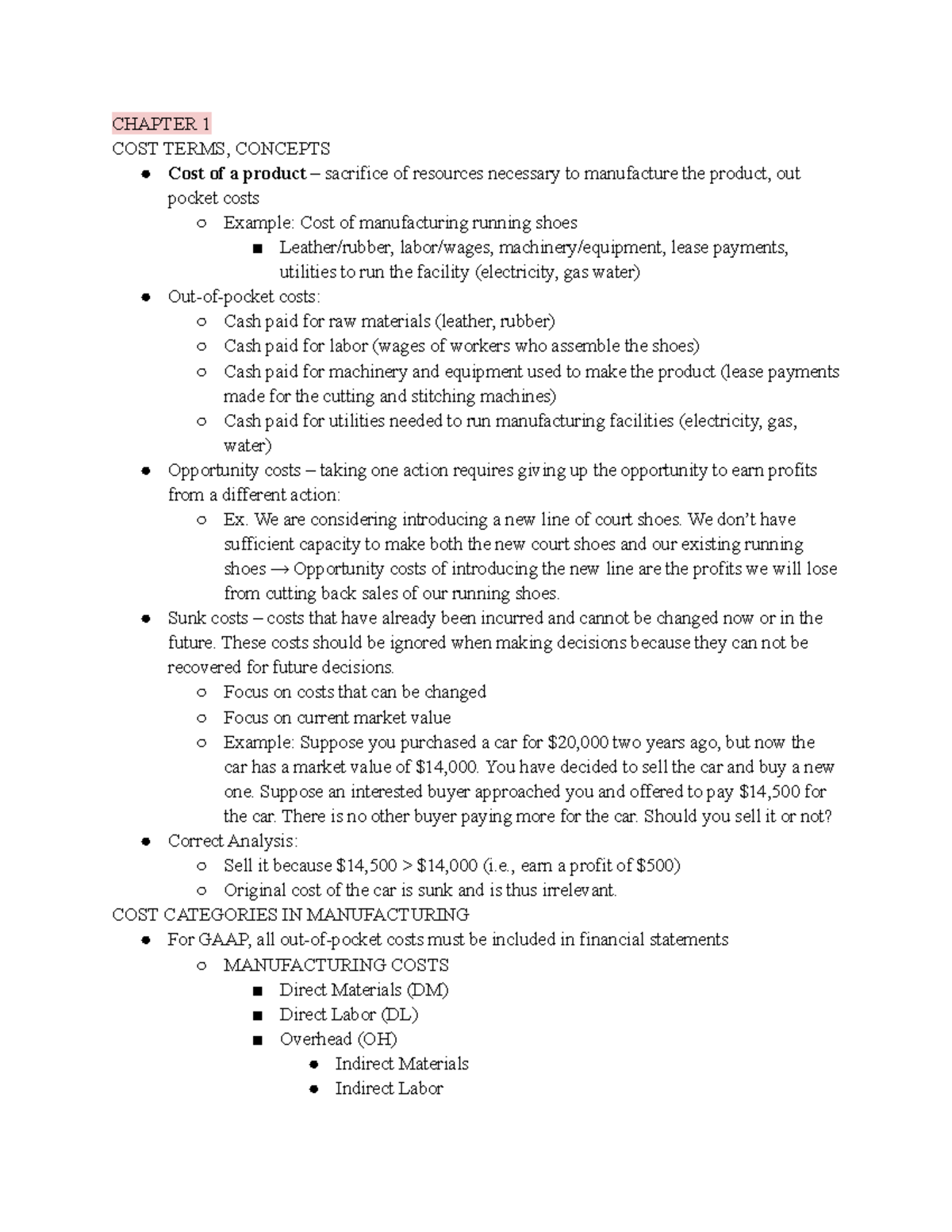ACC 2203 Lecture Notes - Mehmet Ozbilgin - CHAPTER 1 COST TERMS ...