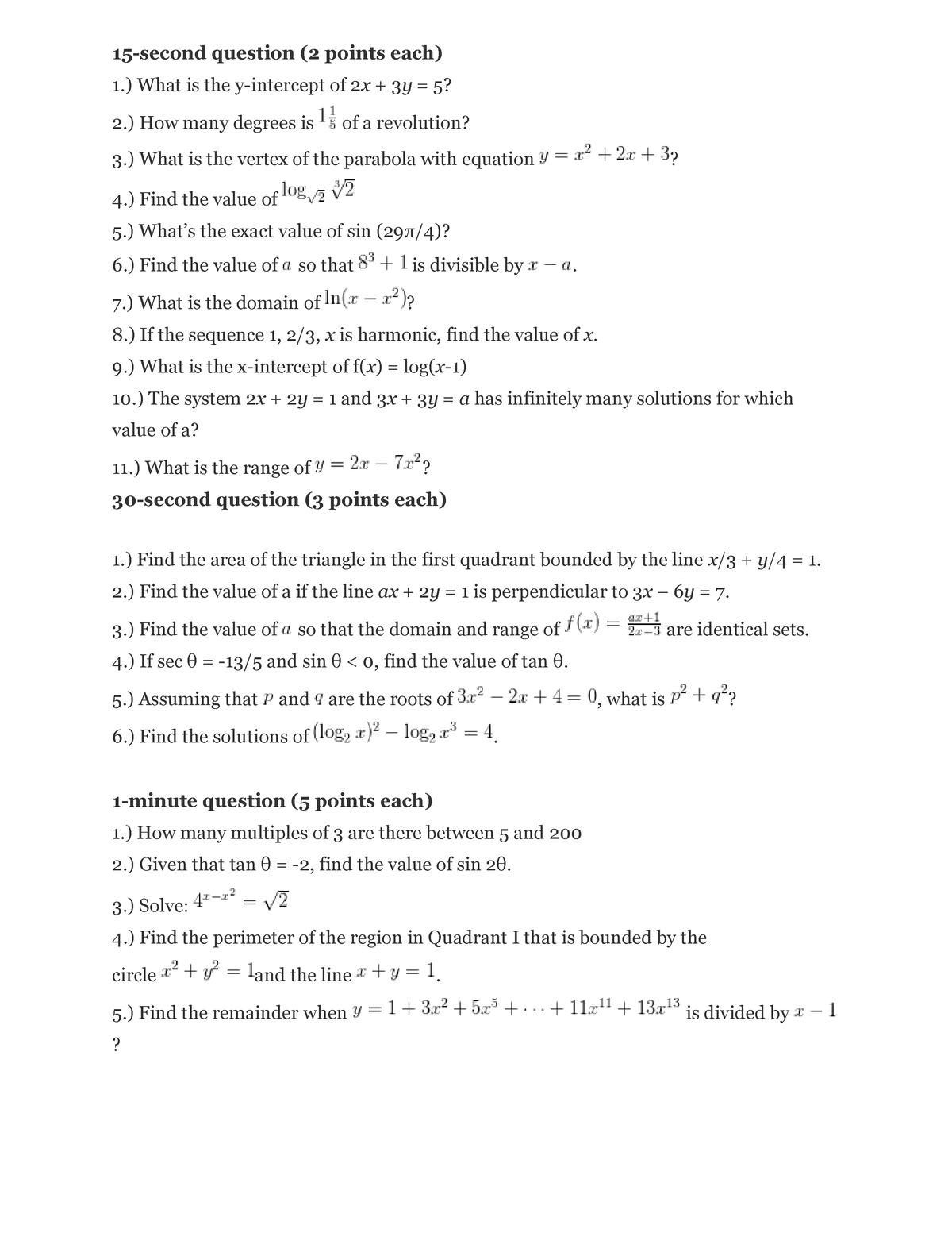 Mathcom questions - test - 15-second question (2 points each) 1.) What ...