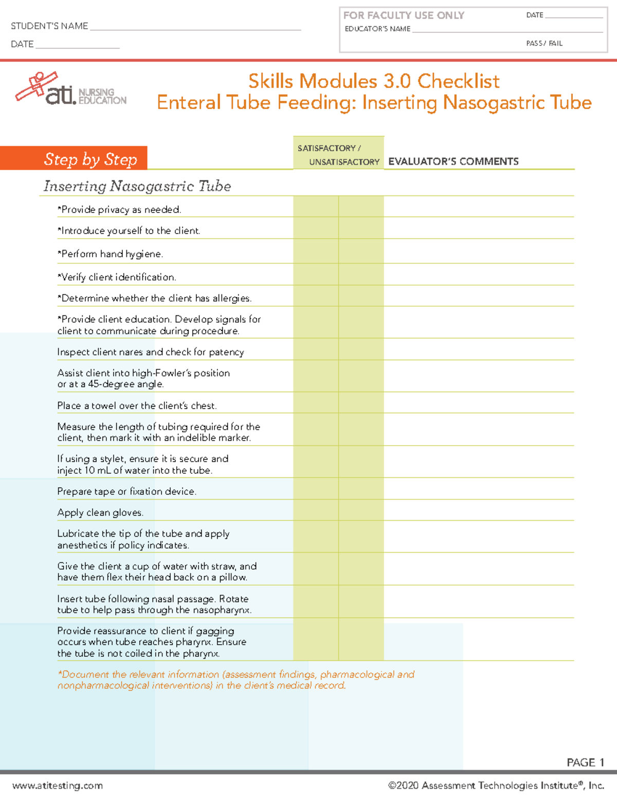 Skills Checklist Nasogastric Inserting - EDUCATOR IMPLEMENTATION GUIDE ...