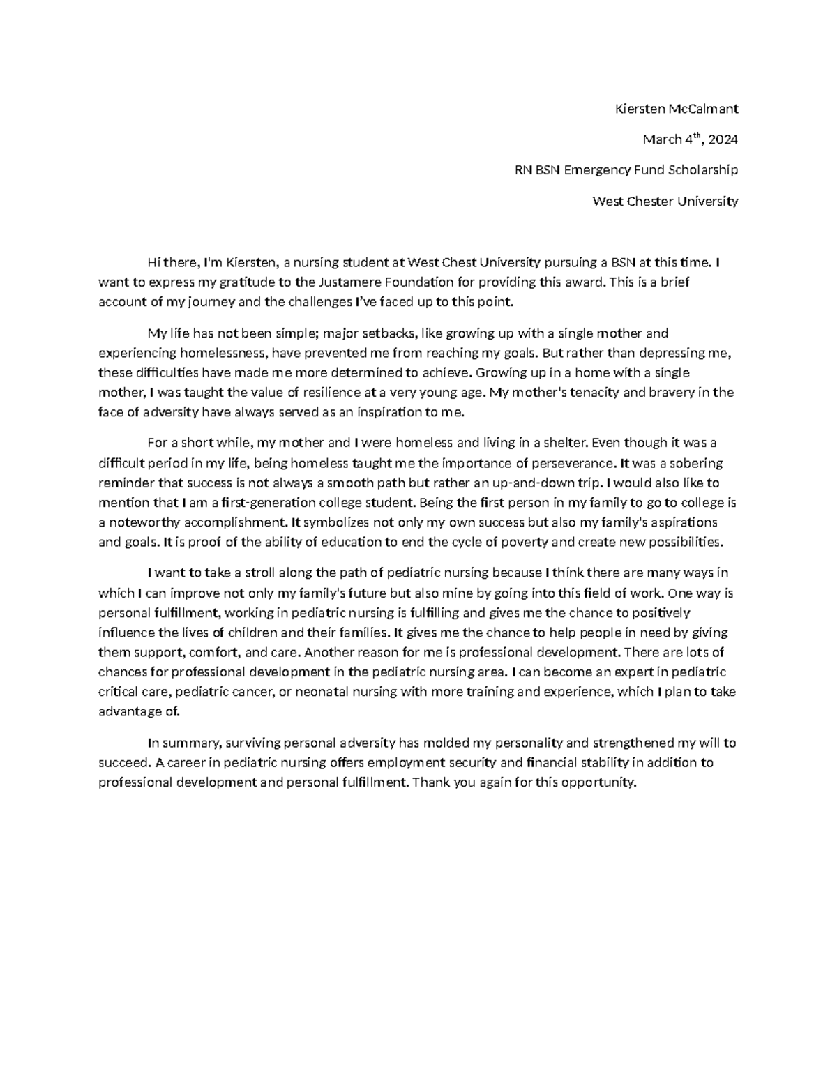 Scholarship Application RN BSN ER - Kiersten McCalmant March 4th, 2024 ...