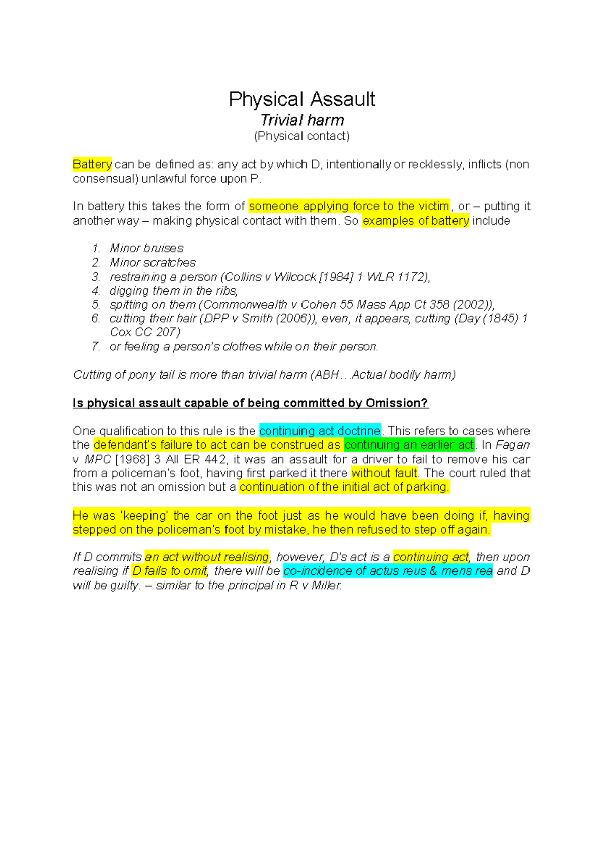 Physical Assault - Physical Assault Trivial harm (Physical contact ...