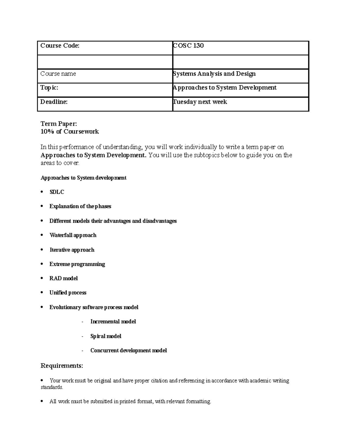 Termpaper asignment 1 - The questions in the document are on system ...