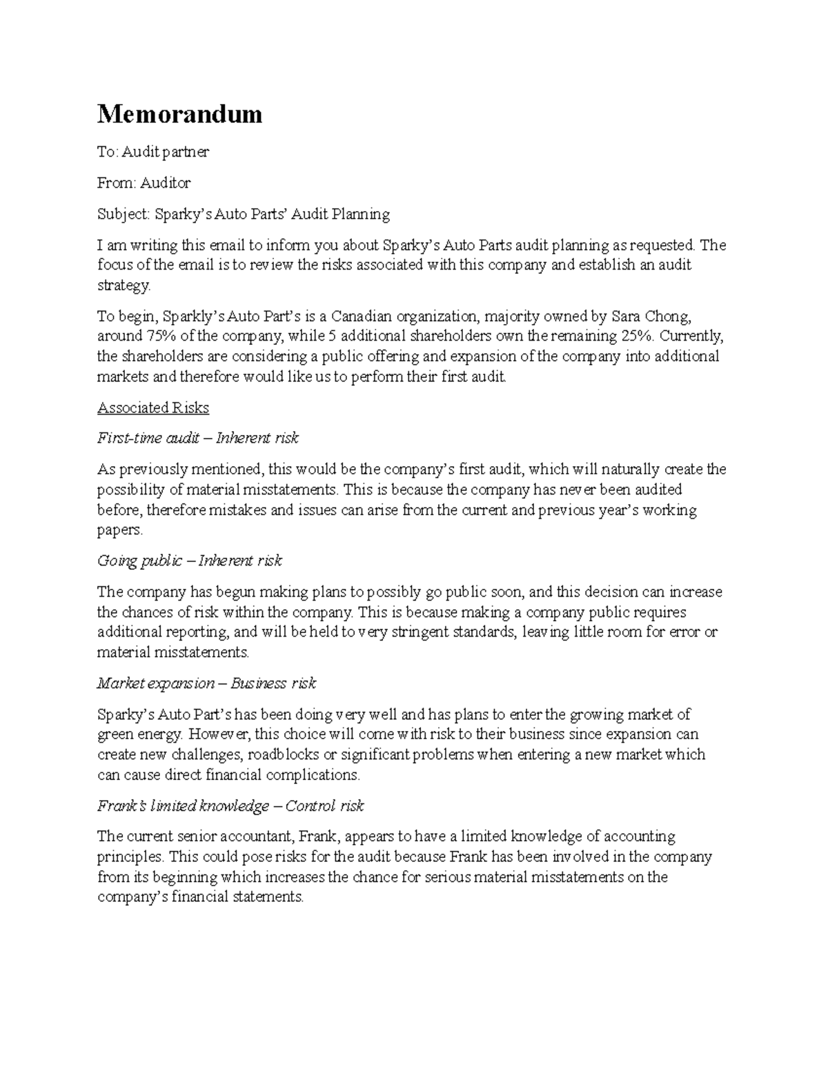 Sparky's Case 1 Sparky's case 1 Memorandum To Audit partner From