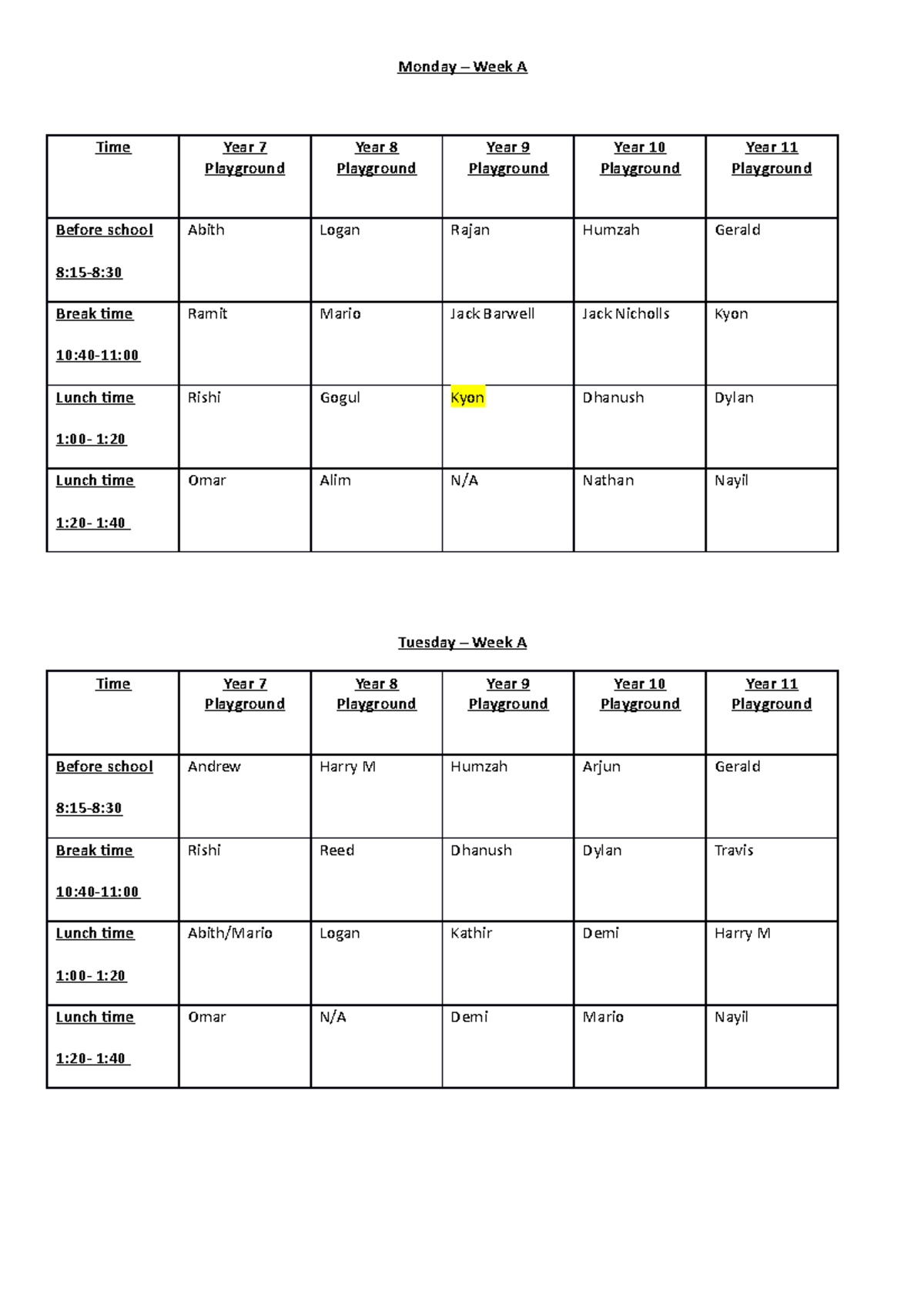 DUTY ROTA YR11 prefect 2018-19 - Monday – Week A Time Year 7 Playground ...