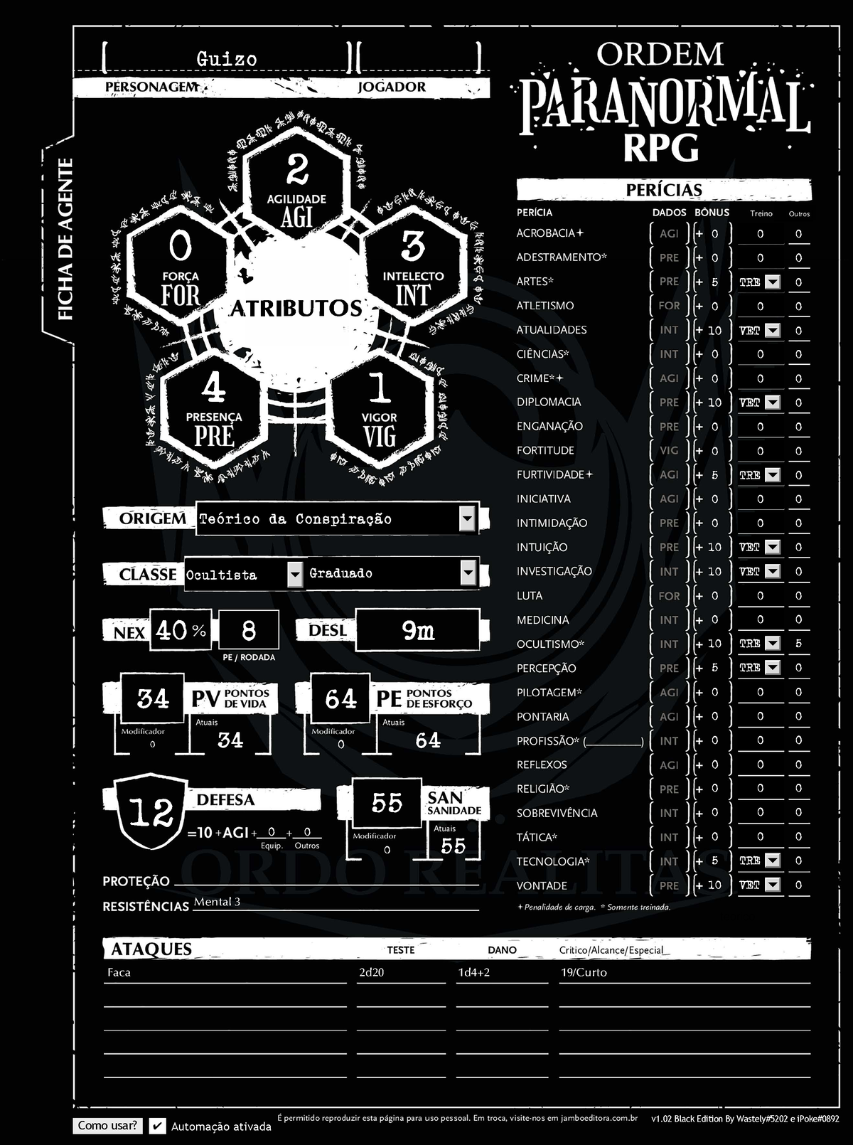 Ficha Automática de ordem paranormal v.1.0 foi lançada. Olhe os