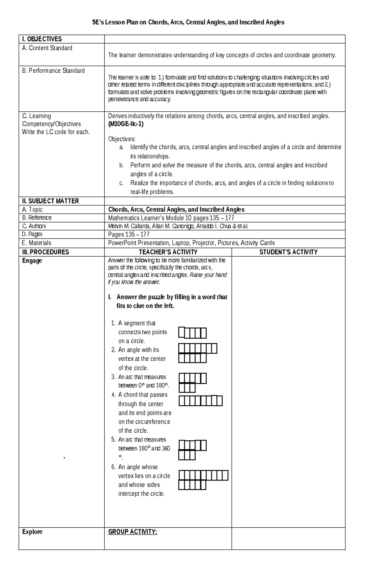 5E Detailed Lesson Plan - 5E’s Lesson Plan on Chords, Arcs, Central ...