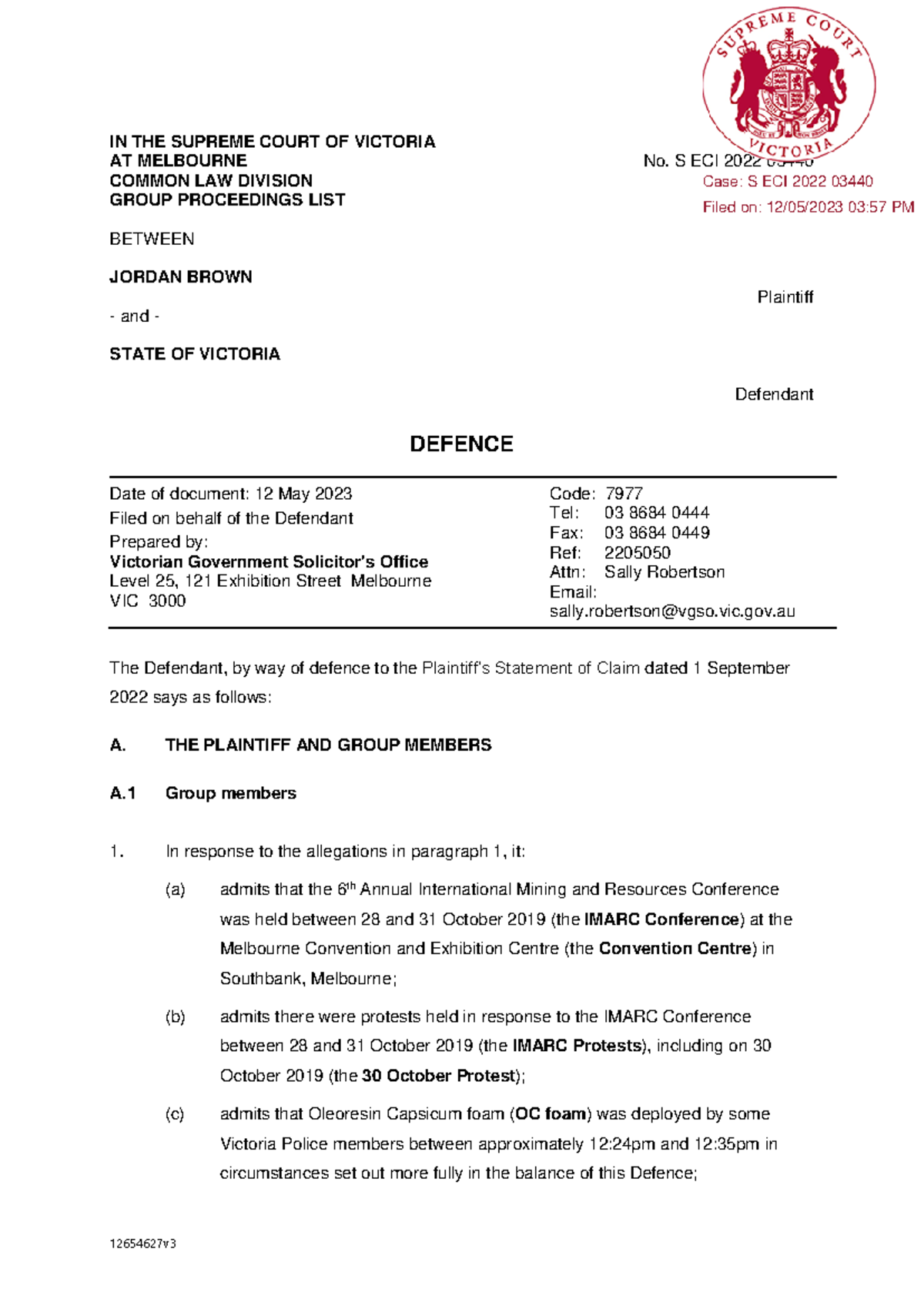 Brown Defence - Statement of claim - IN THE SUPREME COURT OF VICTORIA ...