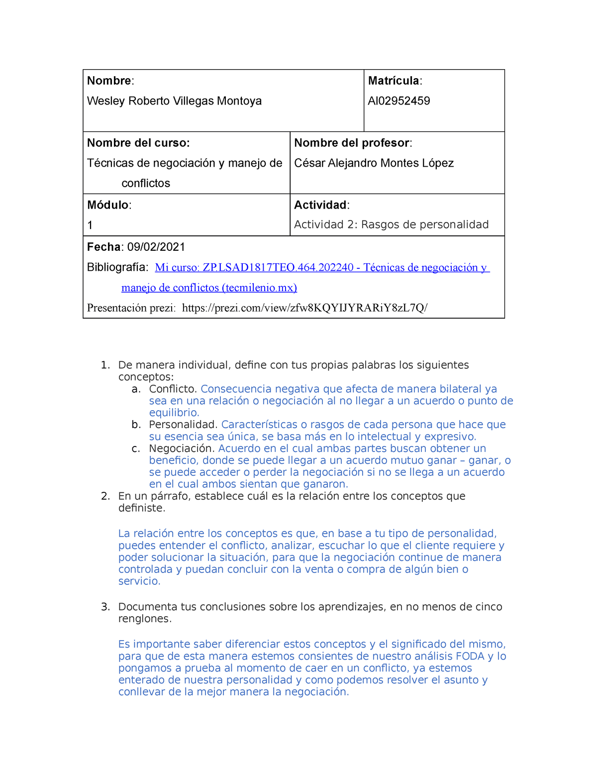 Técnicas De Negociación Y Manejo De Conflictos Actividad 2 Personalidades En Conflicto Nombre 4451