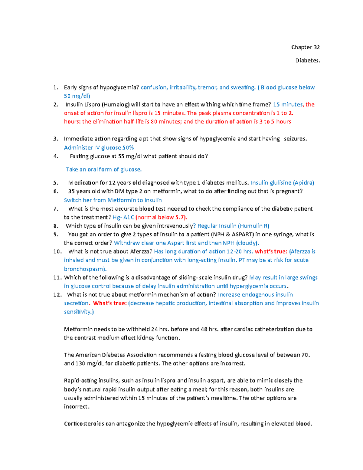 Diabetes Quiz 2 - Key terms to relevant chapters on Pharm - Chapter 32 ...