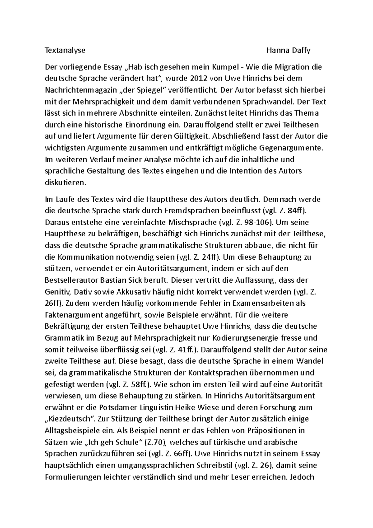 Sachtextanalyse Beispiel Klasse 9 Mit Lösung Textanalyse - Wie Migration die deutsche sprache verändert