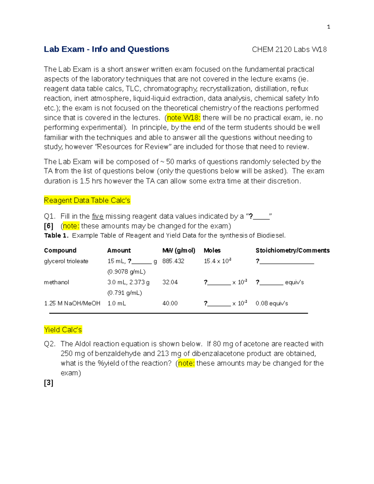 Lab Exam CHEM 2120 Lab Exam Info and Questions CHEM 2120 Labs W The