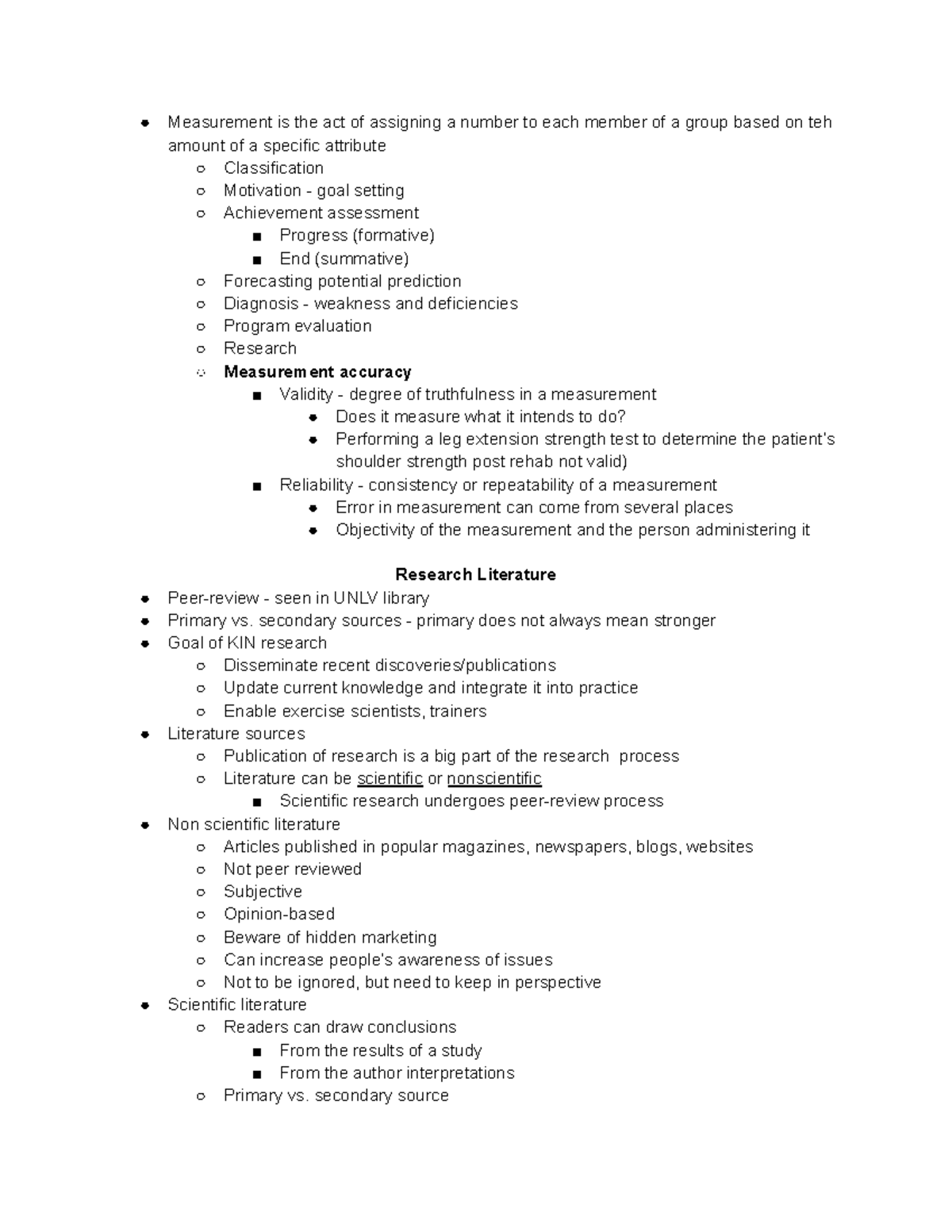 KIN 170 Notes - Measurement is the act of assigning a number to each ...