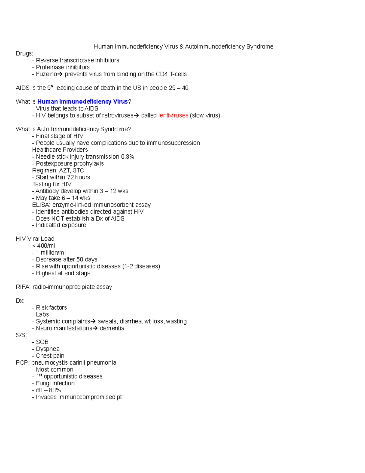 HIV.AIDS Notes N200 - Human Immunodeficiency Virus ...
