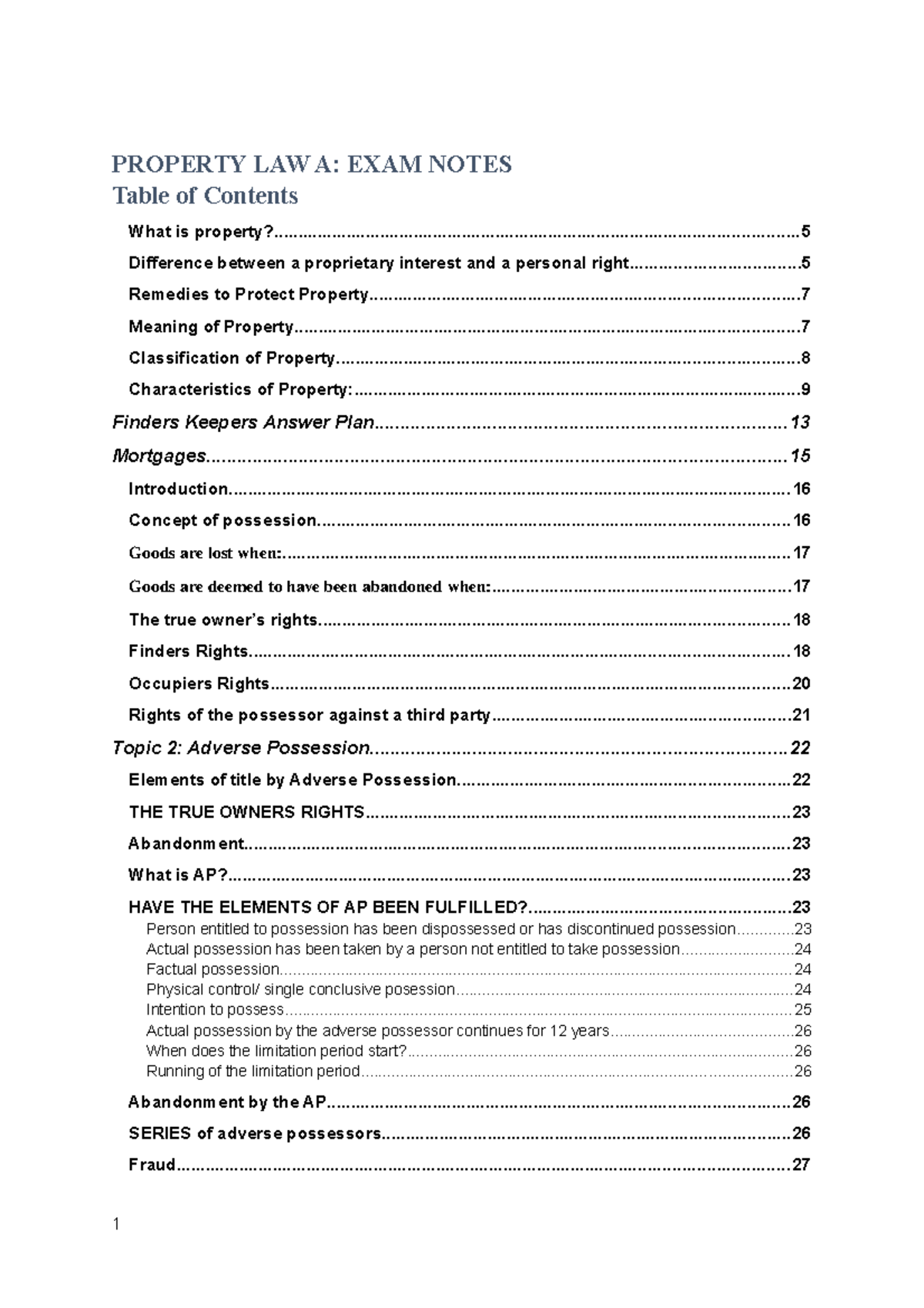 Property A EXAM Notes - PROPERTY LAW A: EXAM NOTES Table of Contents ...