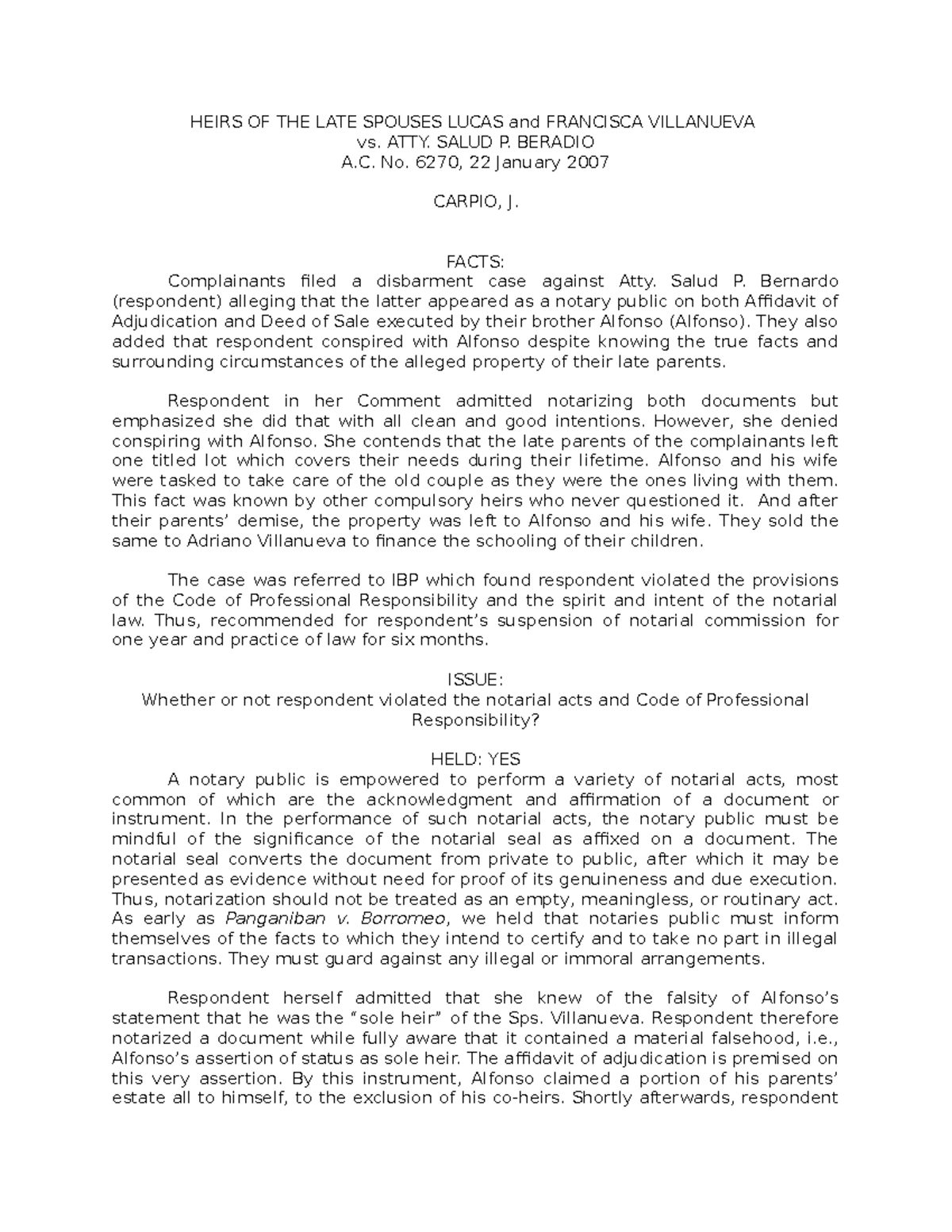 AC No. 6270 summary HEIRS OF THE LATE SPOUSES LUCAS and FRANCISCA