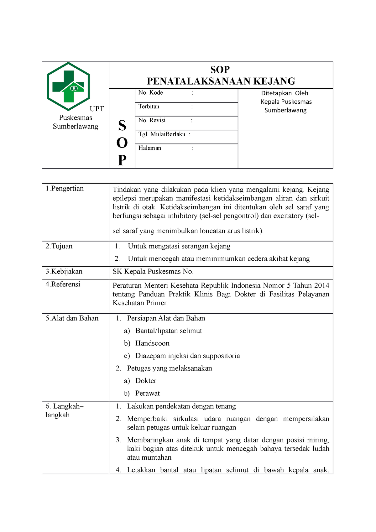 SOP Kejang - UPT Puskesmas Sumberlawang SOP PENATALAKSANAAN KEJANG S O ...