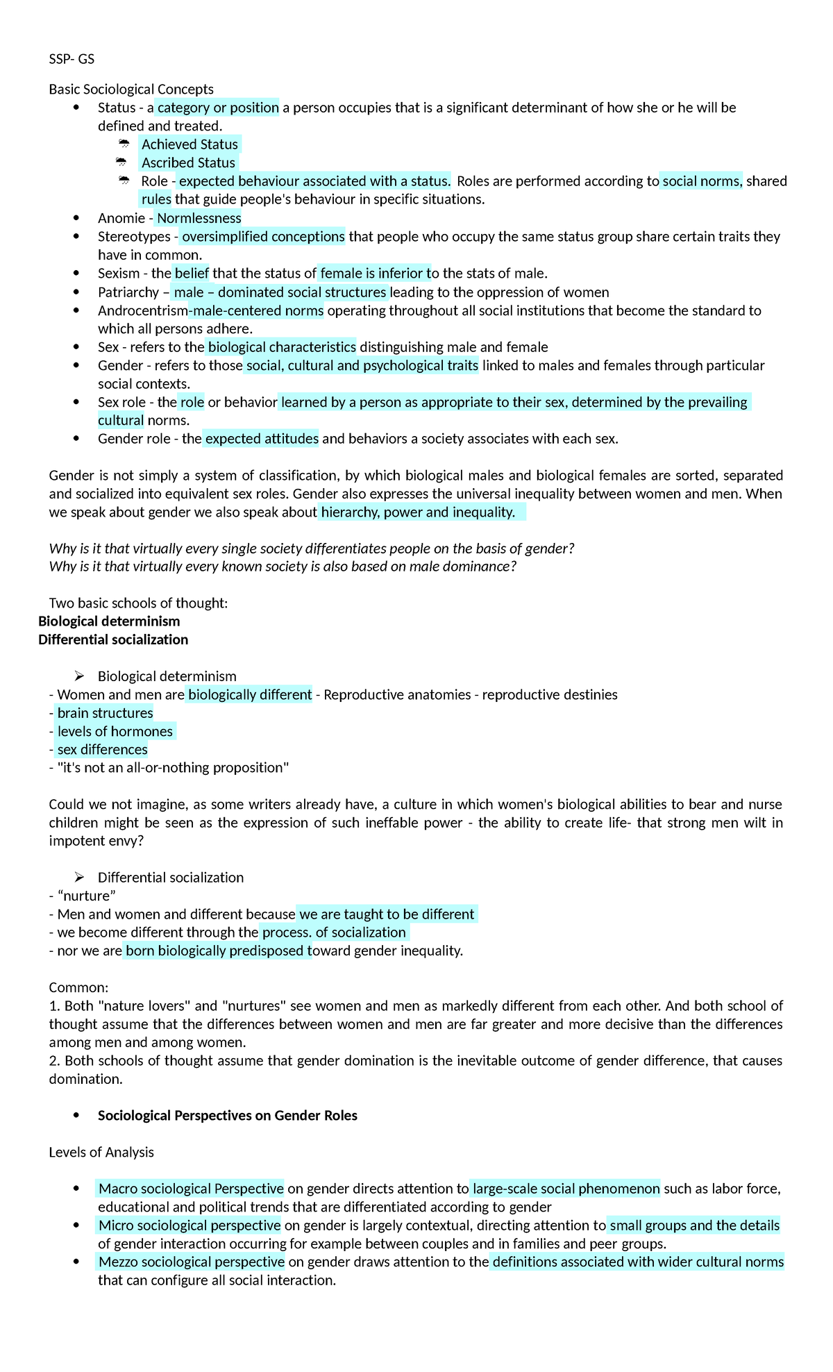 SSP-GS - Lecture notes for midterm - SSP- GS Basic Sociological ...