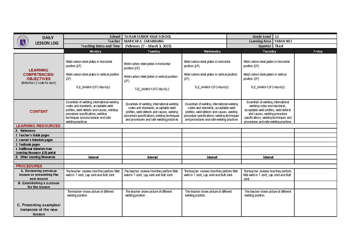 Dll Smaw Cpar February 27 - March 3 - Daily Lesson Log School Taysan 