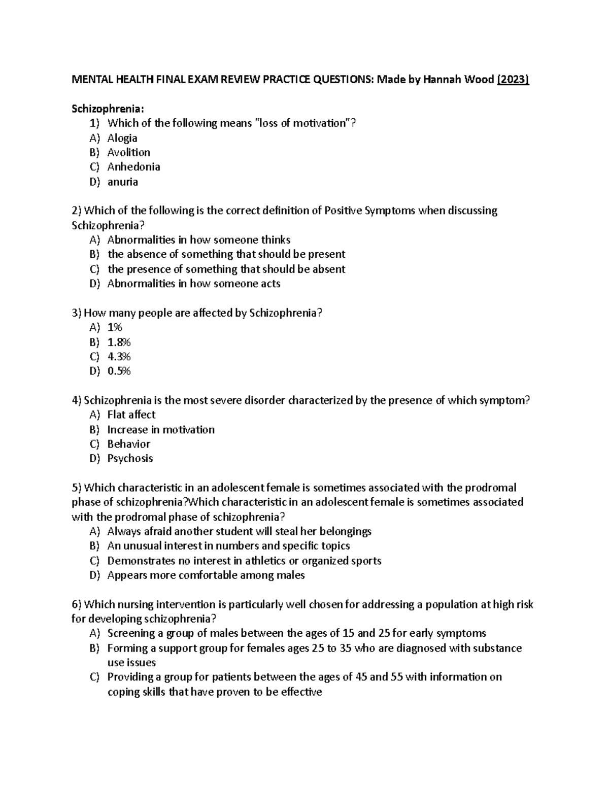 Mental Health Final EXAM Review Practice Questions MENTAL HEALTH