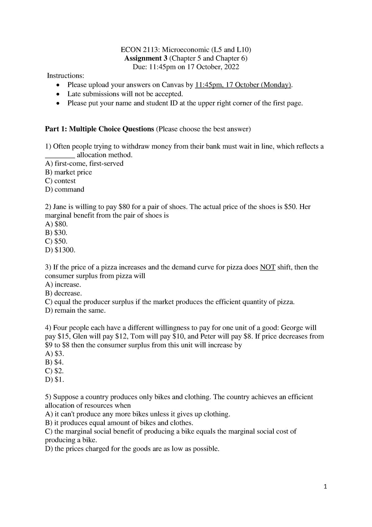 Econ2113 PS3 - Assignment 3 - ECON 2113: Microeconomic (L5 And L10 ...