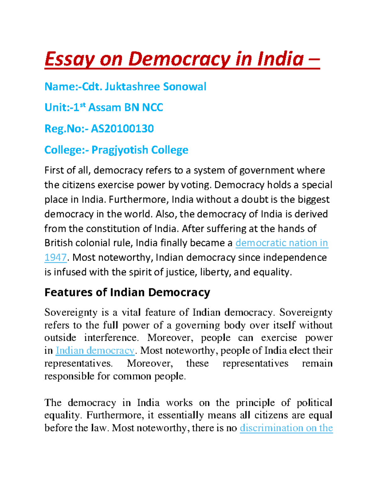 short essay on democracy and poverty using examples of india