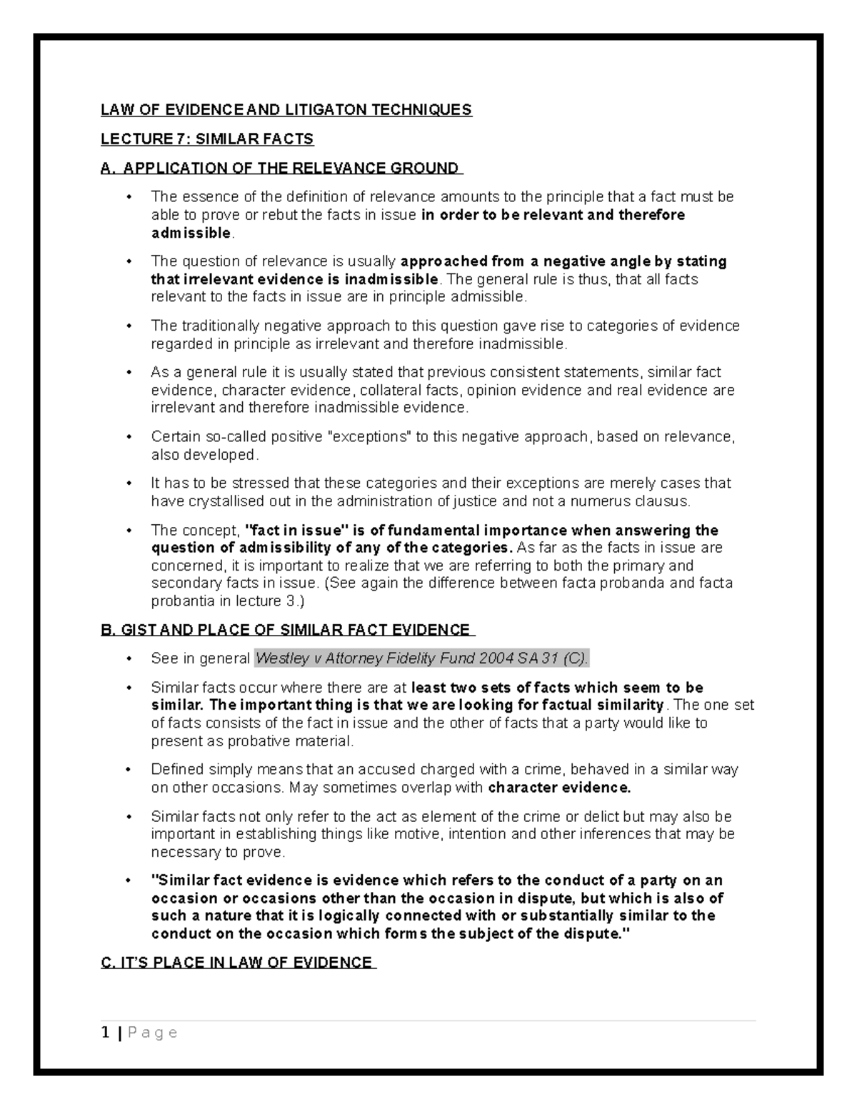 LAW OF Evidence AND Litigation Techniques UNIT 7 2024 - LAW OF EVIDENCE ...