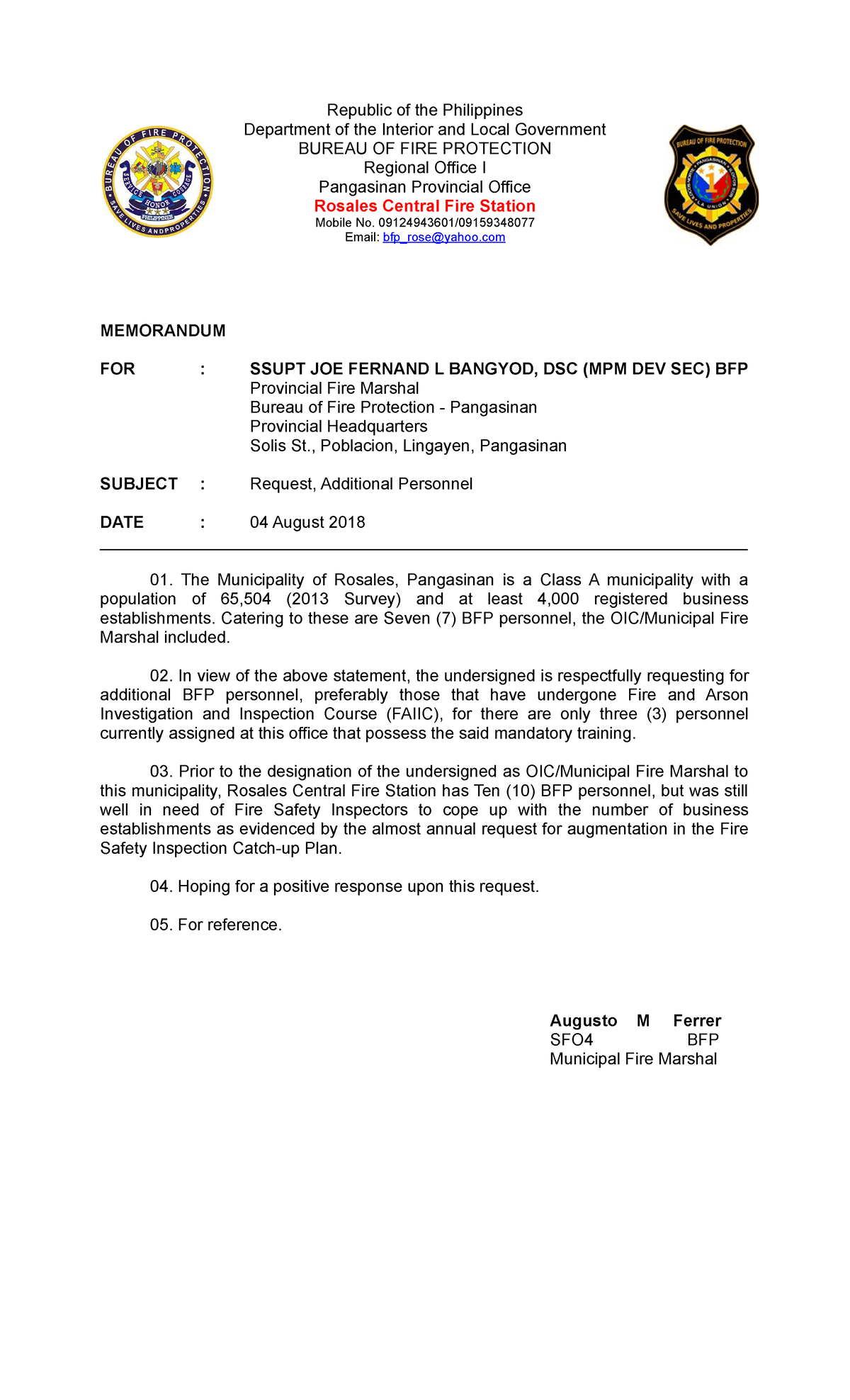 Request Letter - Additional Personnel - 17 Aug 2018 - Republic of the ...