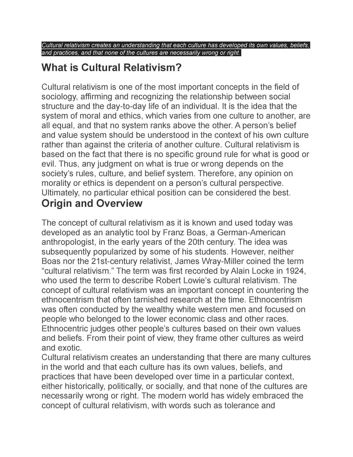 the importance of cultural relativism in attaining cultural understanding essay