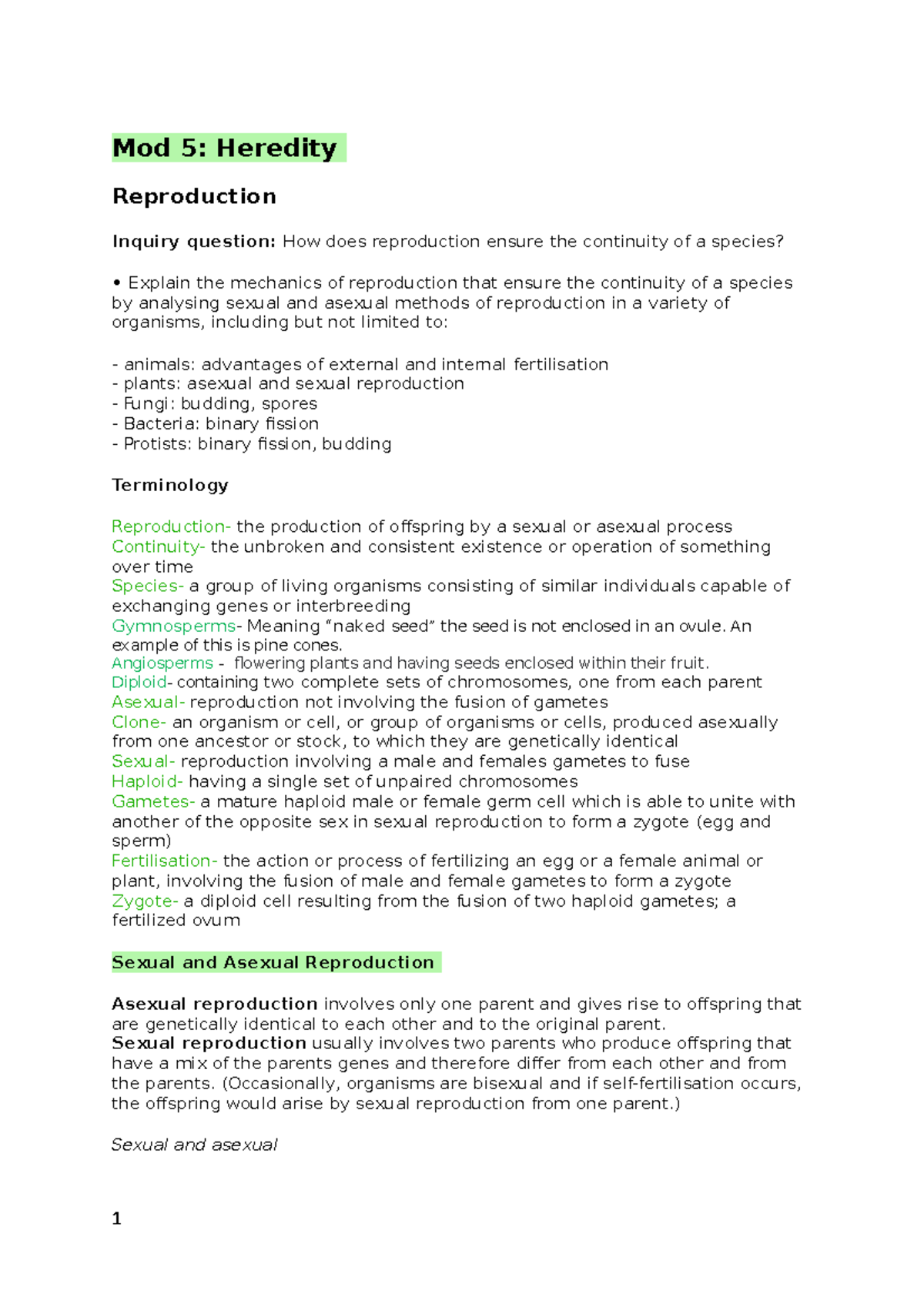Mod 5 note - me - notes on module 5 - Mod 5: Heredity Reproduction ...