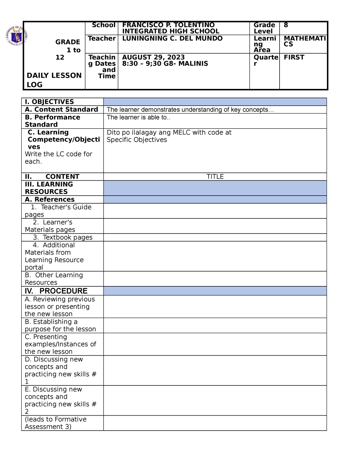 DLP- Format - DLP - GRADE 1 To 12 DAILY LESSON LOG School FRANCISCO P ...