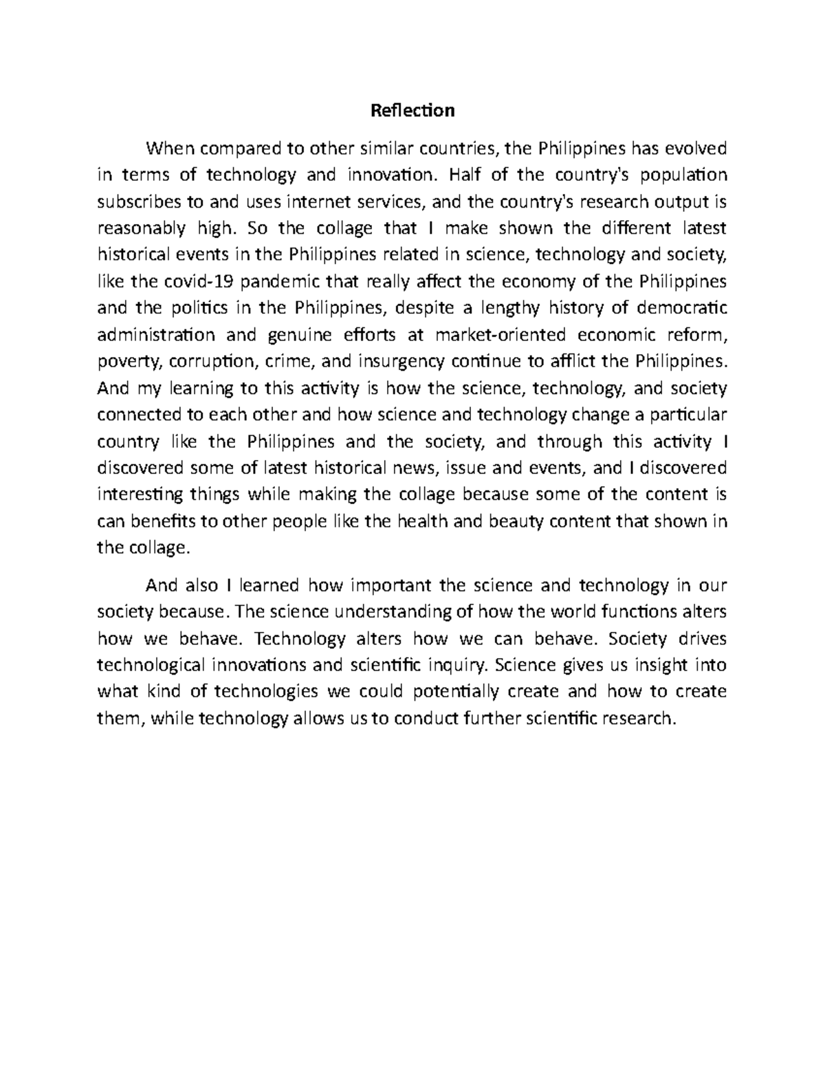 Reflection (science, technology, society) bs nursing SWU Studocu