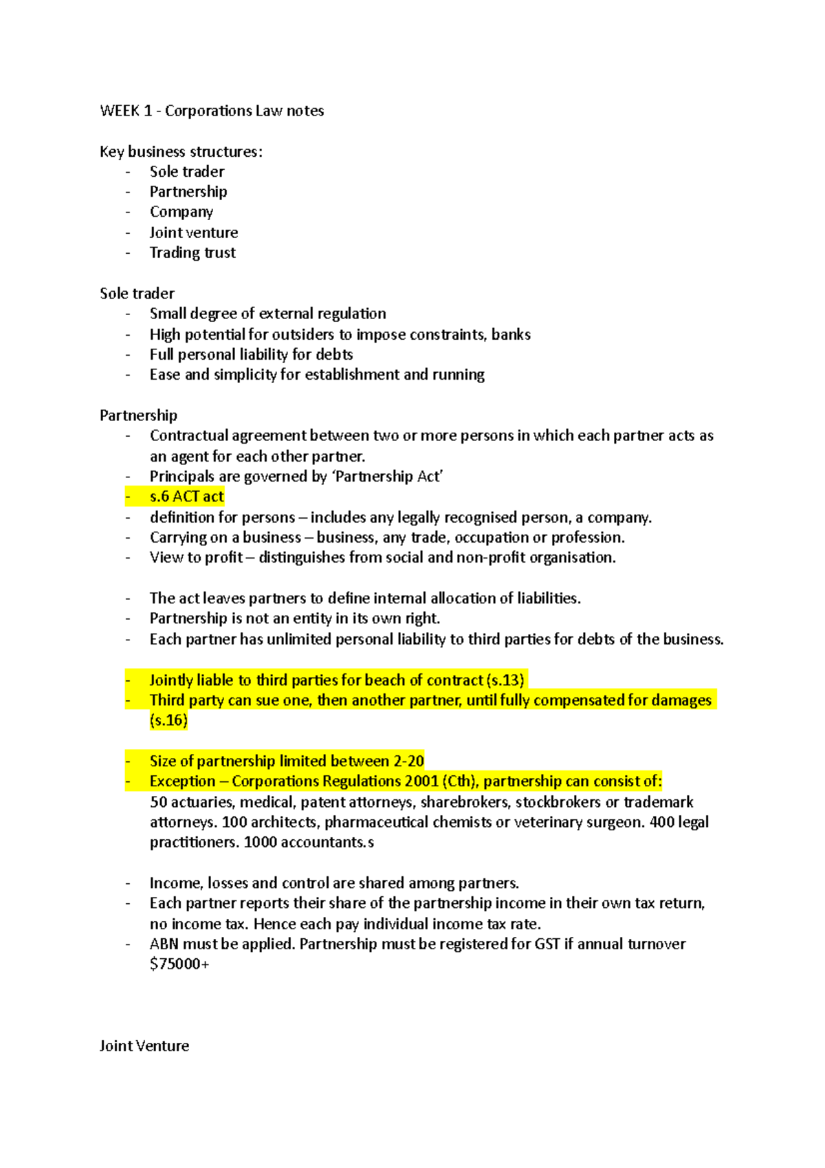 WEEK 1 Corporations - WEEK 1 - Corporations Law notes Key business ...