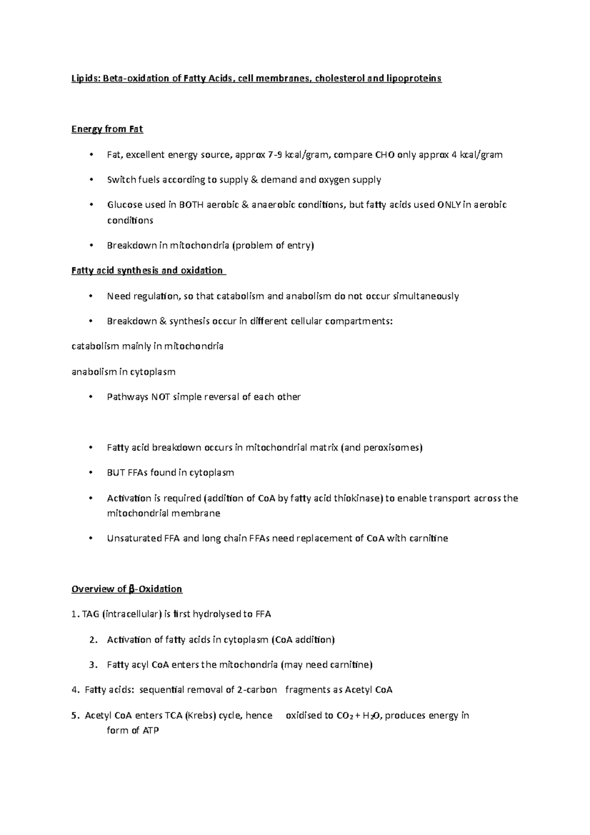 Beta oxidation - Lecture notes 2 - Lipids: Beta-oxidation of Fatty ...