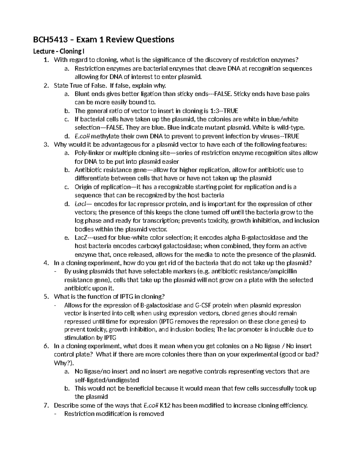 2022 Lecture 5 Review Cloning I BCH5413 Exam 1 Review Questions