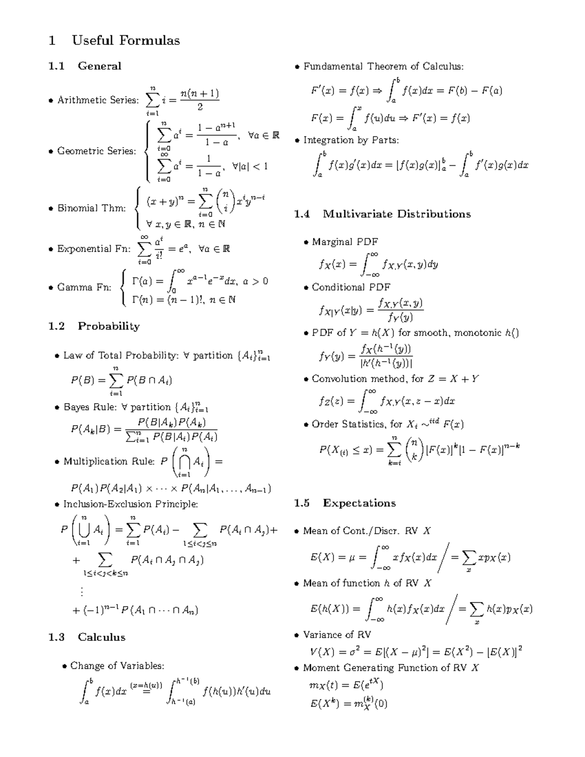 Final Formula Sheet - NO DESCRIPTION - 1 Useful Formulas 1 General ...